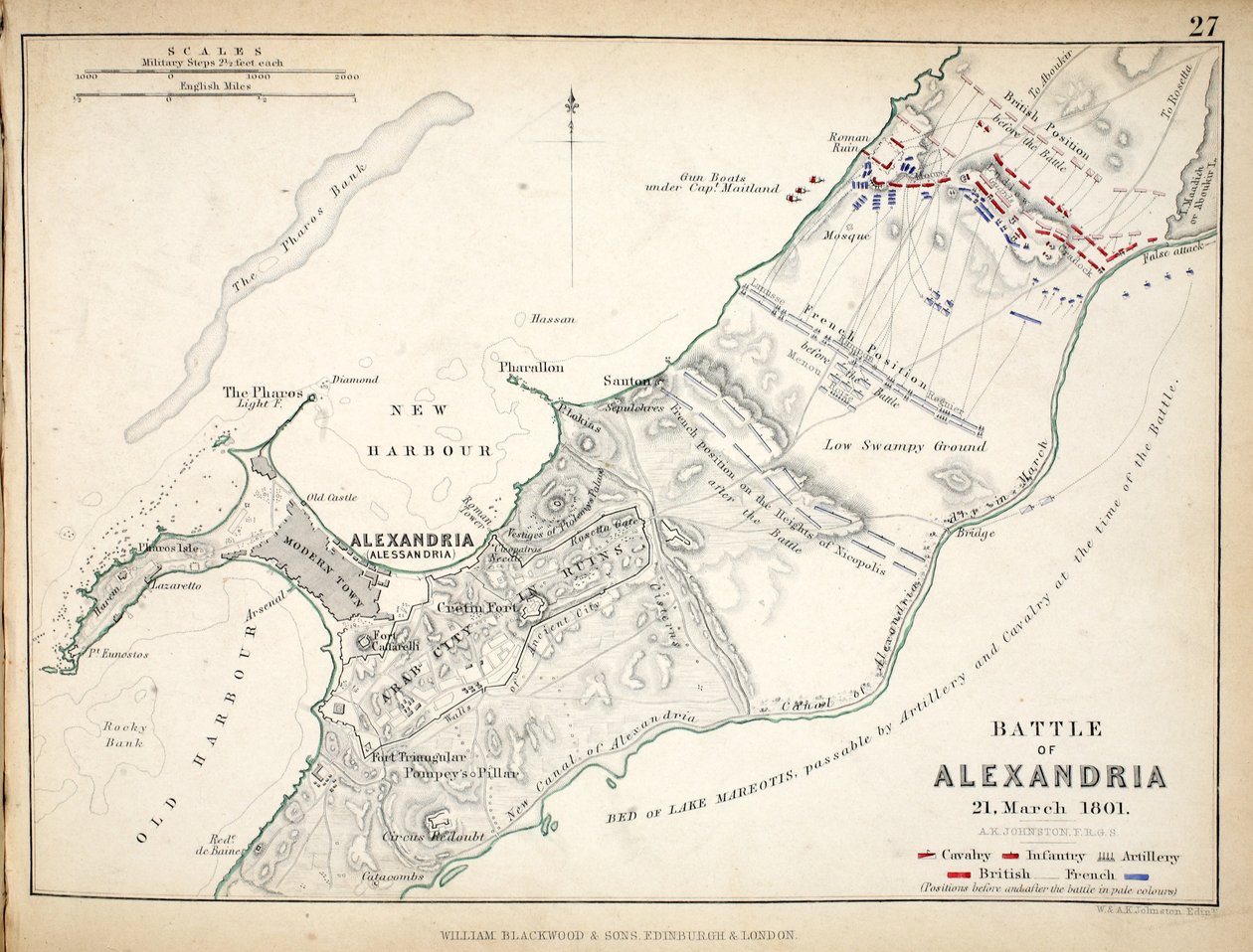 خريطة لمعركة الإسكندرية ، نشرها ويليام بلاكوود وأولاده ، إدنبرة وأندن ، 1848 (نقش يدوي) بواسطة الكسندر كيث جونستون