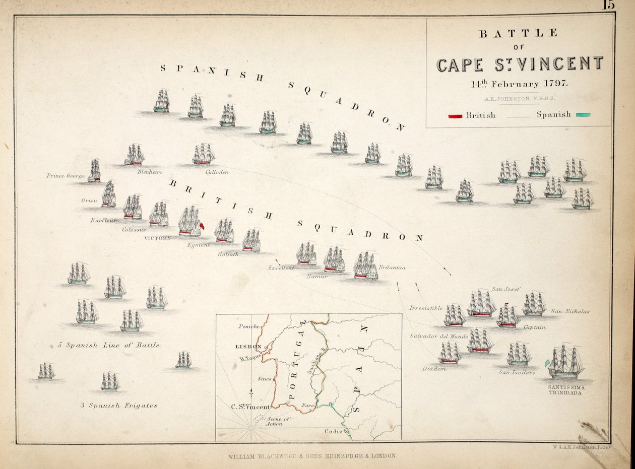 خريطة معركة كيب سانت فنسنت ، نشرها ويليام بلاكوود وأولاده ، ادنبره و لندن ، 1848 (نقش يدوي) بواسطة الكسندر كيث جونستون