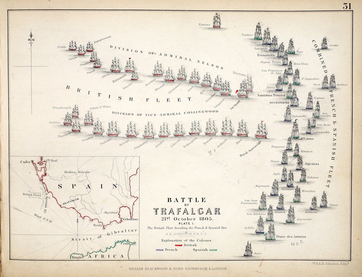 خريطة لمعركة ترافالغار ، نشرها ويليام بلاكوود وأولاده ، إدنبرة وأندن ، 1848 (نقش يدوي) بواسطة الكسندر كيث جونستون