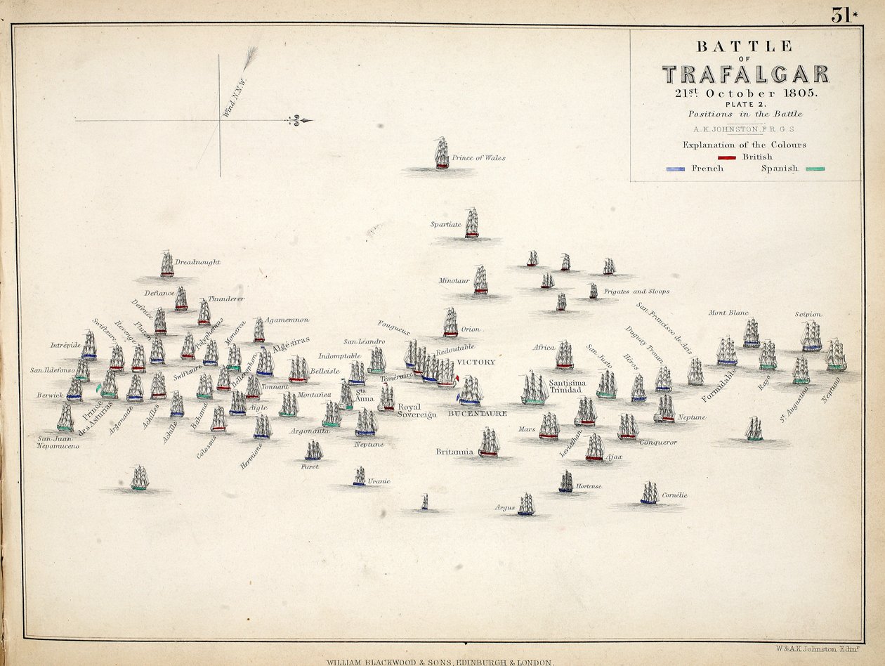 خريطة لمعركة ترافالغار ، نشرها ويليام بلاكوود وأولاده ، إدنبرة وأندن ، 1848 (نقش يدوي) بواسطة الكسندر كيث جونستون