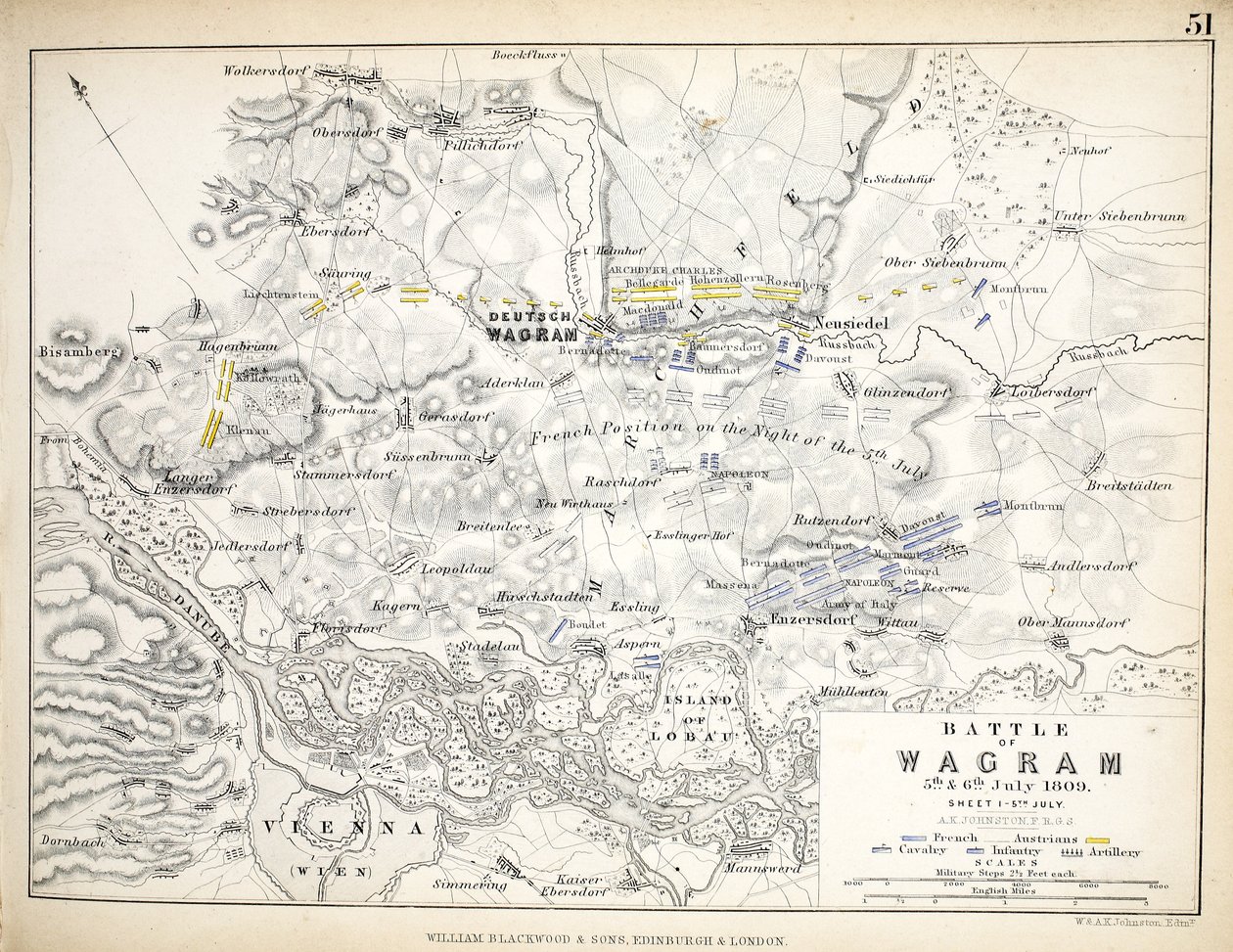 خريطة معركة فاجرام ، نشرها ويليام بلاكوود وأولاده ، ادنبره و لندن ، 1848 (نقش يدوي) بواسطة الكسندر كيث جونستون