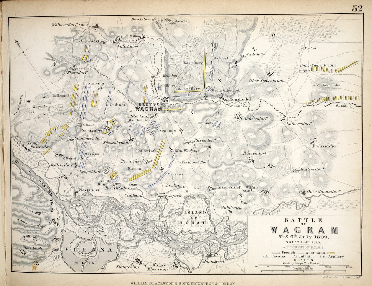 خريطة معركة فاجرام ، نشرها ويليام بلاكوود وأولاده ، ادنبره و لندن ، 1848 (نقش يدوي) بواسطة الكسندر كيث جونستون