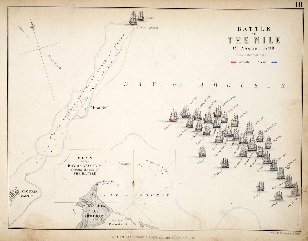 خريطة معركة النيل ، نشرها ويليام بلاكوود وأولاده ، ادنبره و لندن ، 1848 (نقش يدوي) بواسطة الكسندر كيث جونستون