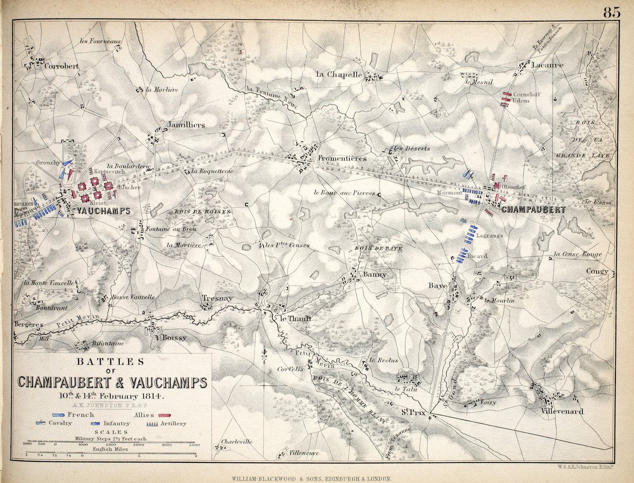 خريطة لمعارك Champaubert و Vauchamps ، نشرها William Blackwood and Sons ، Edinburgh and London ، 1848 (نقش يدوي) بواسطة الكسندر كيث جونستون