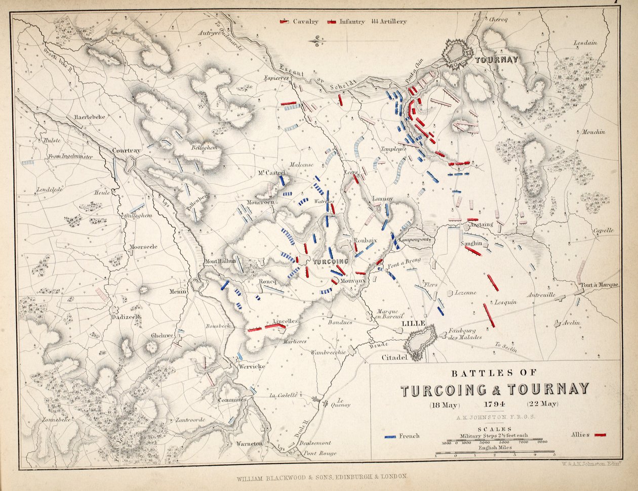 خريطة لمعارك Turcoing und Tournay ، نشرها ويليام بلاكوود وأولاده ، ادنبره و لندن ، 1848 (نقش يدوي) بواسطة الكسندر كيث جونستون