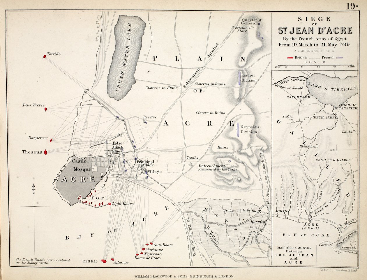 خريطة لحصار سانت جان داكري ، نشرها ويليام بلاكوود وأولاده ، ادنبره وأندن ، 1848 (نقش يدوي) بواسطة الكسندر كيث جونستون