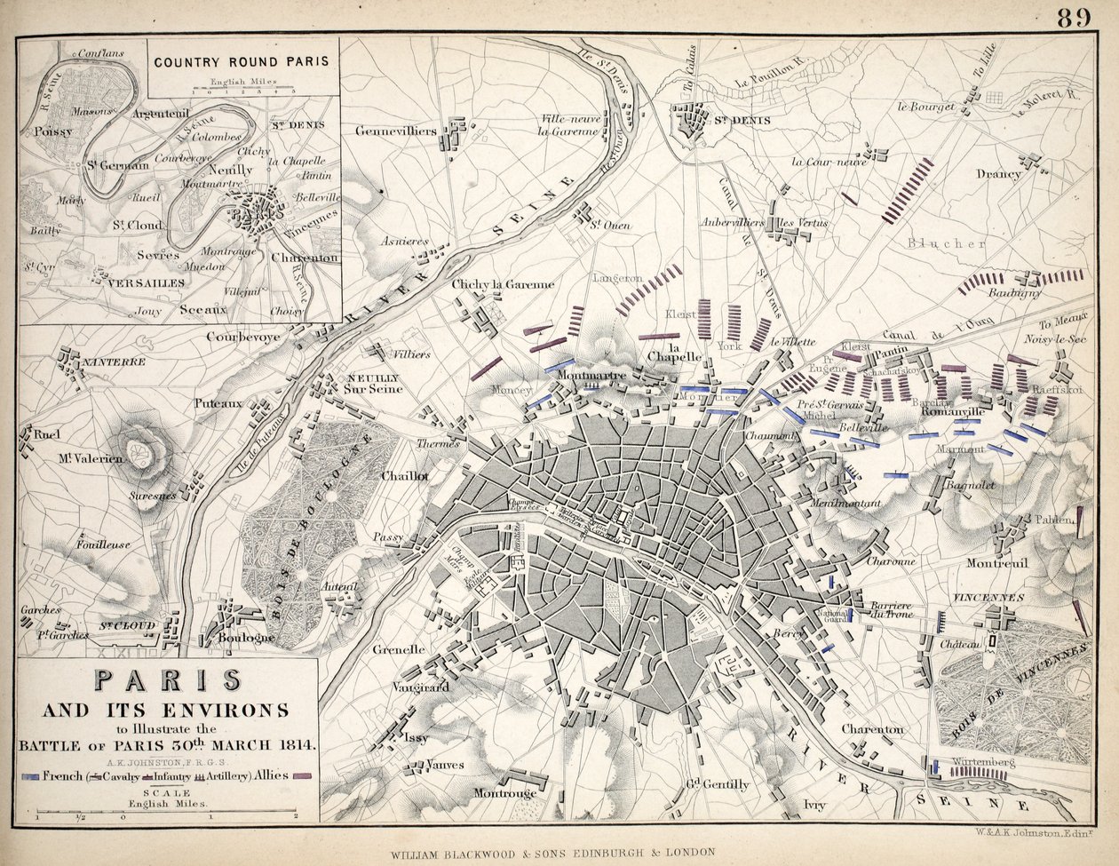 باريس وضواحيها ، لتوضيح معركة باريس ، 30 مارس 1814 ، نُشرت في 1830s بواسطة الكسندر كيث جونستون
