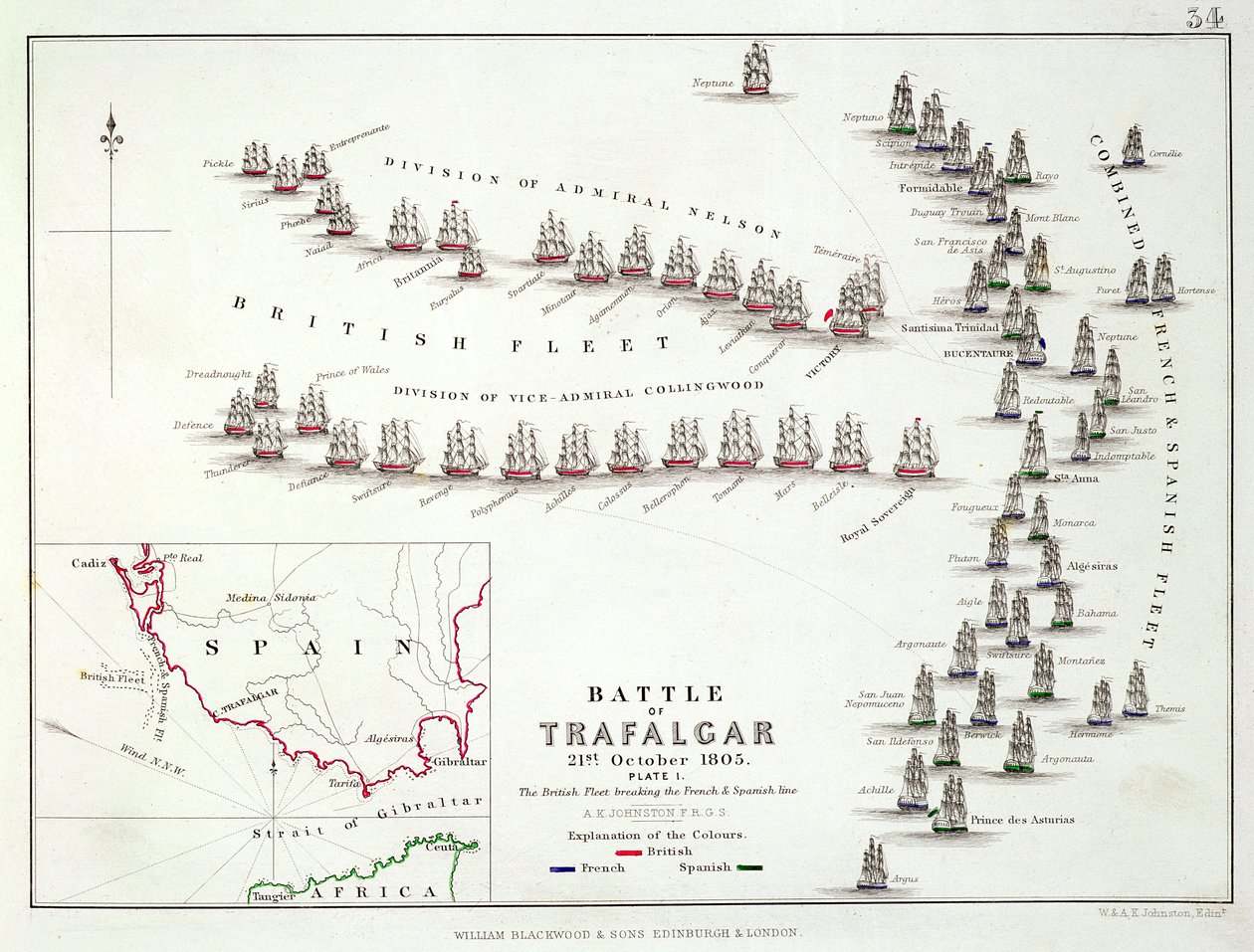 معركة ترافالغار ، 21 أكتوبر 1805 ، البريطانيون يكسرون الخط الفرنسي والإسباني ، حوالي 1830s بواسطة الكسندر كيث جونستون