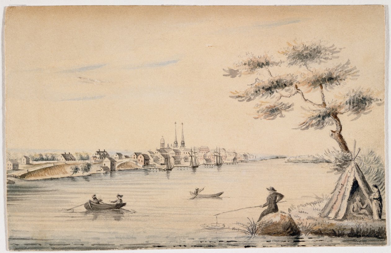 ديترويت كما رأينا من الشاطئ الكندي عام 1821 (حبر أسود ومرحاض بقلم رصاص على ورق) بواسطة ألكسندر ماكومب
