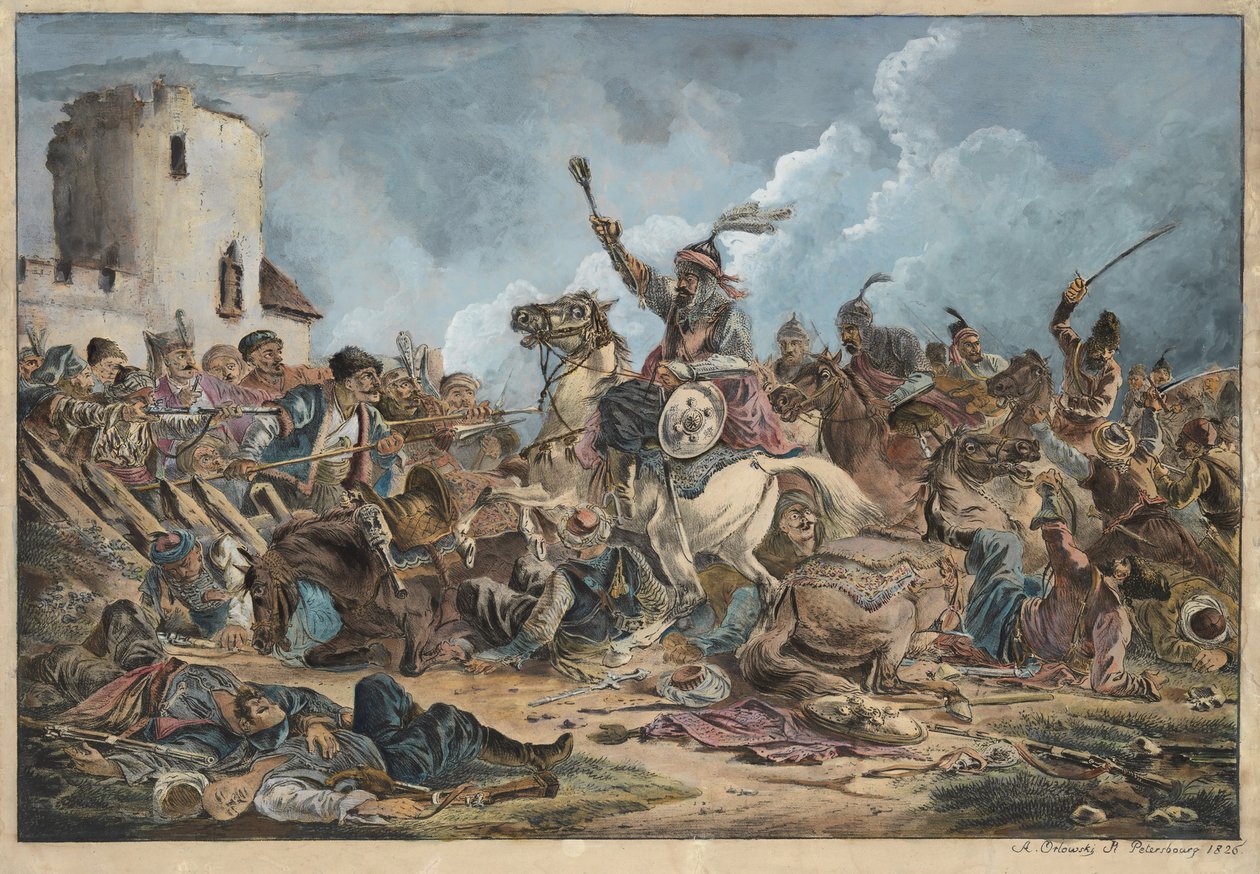 Bataille entre les Georgiens et les Tribus de montagne - معركة بين الجورجيين والقبائل الجبلية - أورلوفسكي (أورلوفسكي) ، ألكسندر أوسيبوفيتش (1777-1832) - 1826 - مطبوعات حجرية ، ألوان مائية - 54 × 77 - مجموعة خاصة بواسطة الكسندر أورلوفسكي