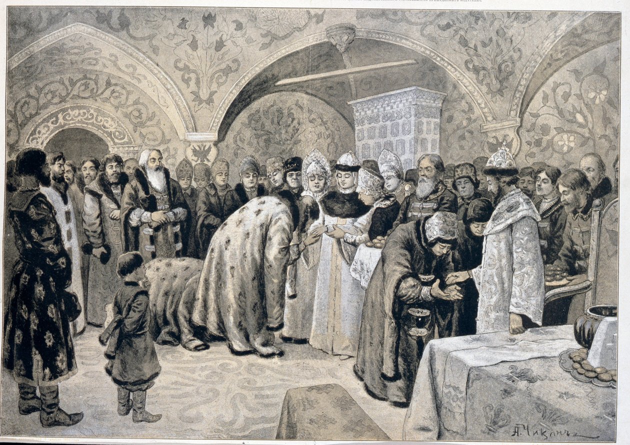 استقبال القيصرية بعد عيد الفصح. عمل ألكسندر أندرييفيتش تشيكين (1865-1924) ، طباعة حجرية. الفن الروسي بواسطة الكسندر أندرييفيتش تشيكين