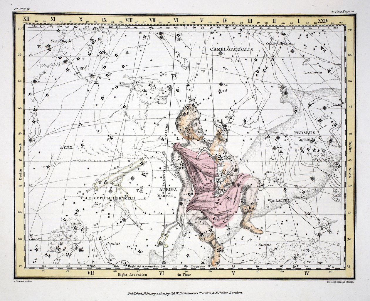الأبراج (اللوحة الرابعة) Auriga ، Camelopaardalis ، Telescopium Herschelli ، من "أطلس سماوي" تأليف ألكسندر جاميسون ، حانة. لندن 1822 (النقش اليدوي) بواسطة ألكسندر جاميسون