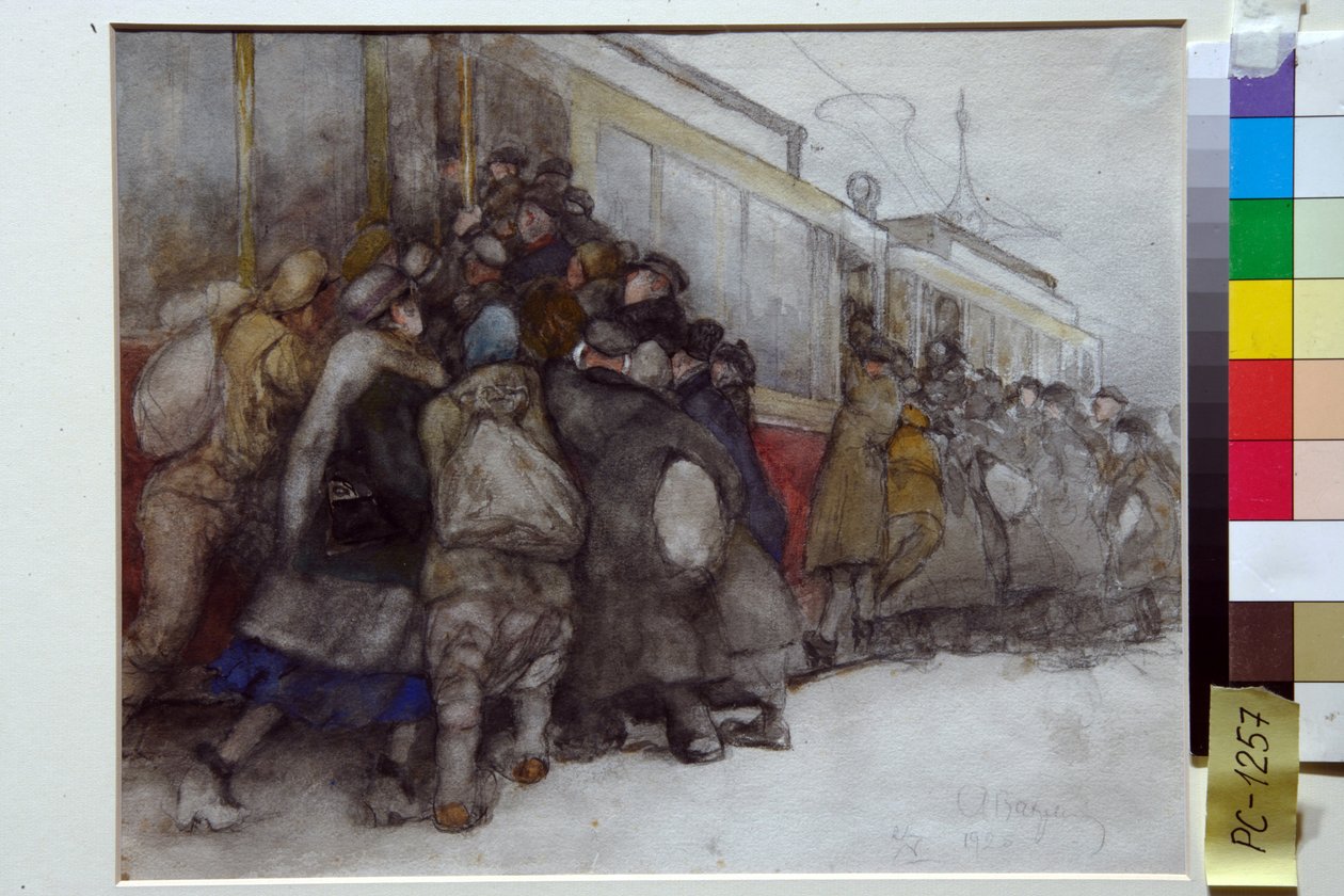 يحاول الناس ركوب ترام ممتلئ بالفعل - عمل فني لألكسندر إيفانوفيتش فخرامييف (1874-1926) بواسطة الكسندر فخرمييف