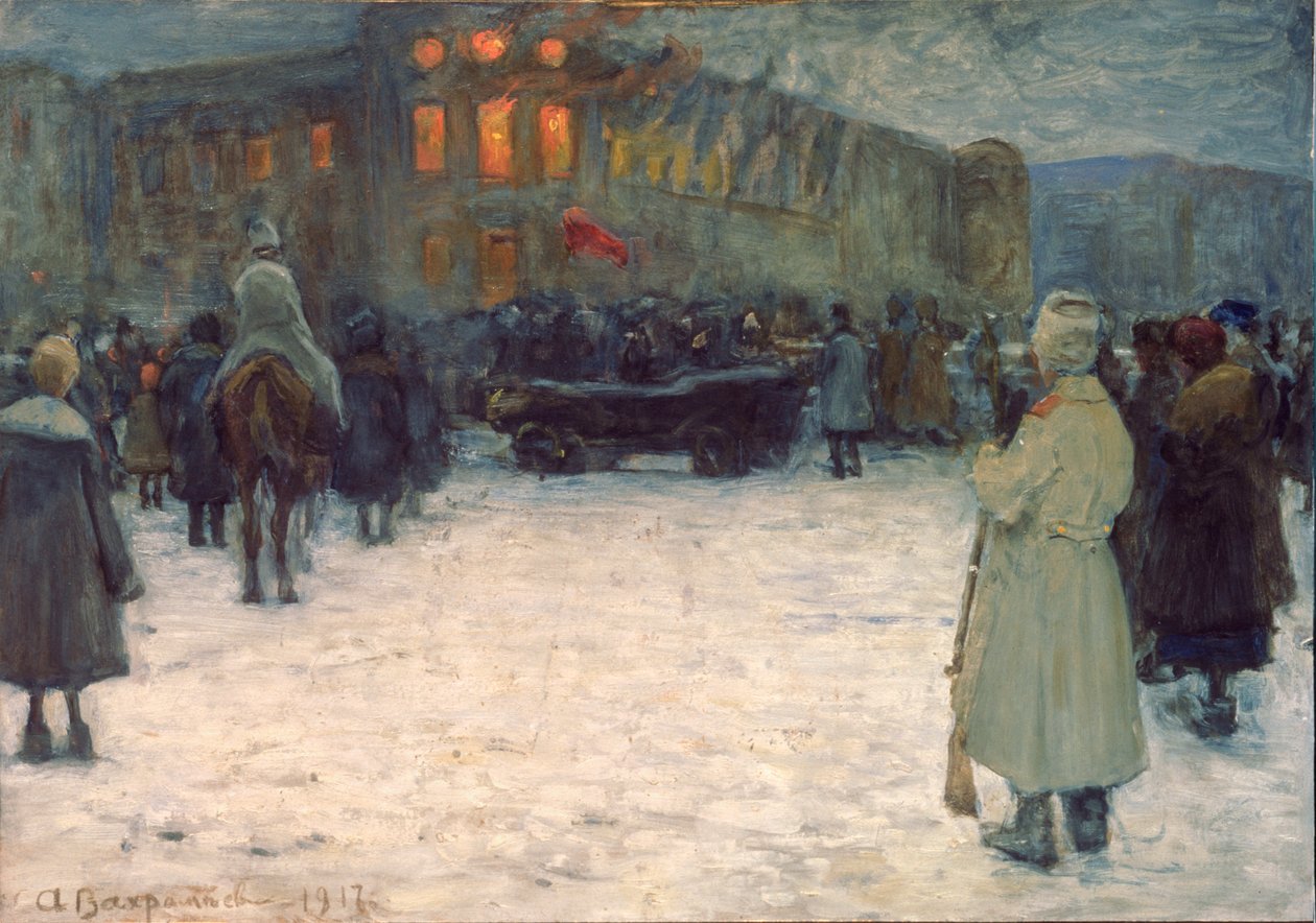 حريق في القلعة الليتوانية ، ثورة فبراير 1917 ، سانت بطرسبرغ - عمل ألكسندر إيفانوفيتش فخرامييف (1874-1926) ، ألوان مائية على ورق بواسطة الكسندر فخرمييف