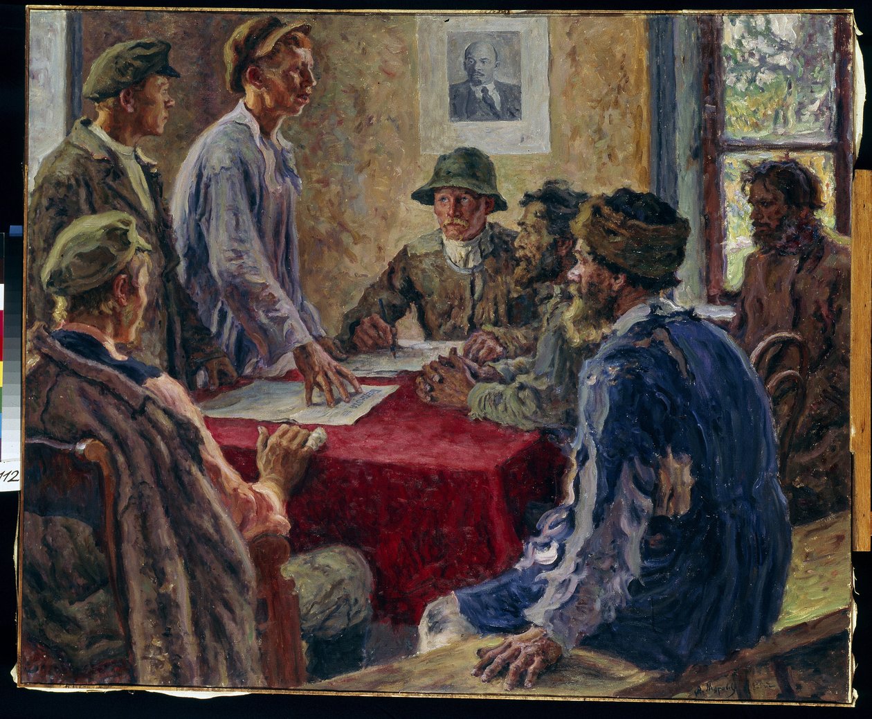 اجتماع لجنة الفلاحين الفقراء عام 1918 (جلسة للجنة الفلاحين الفقراء عام 1918). لوحة الكسندر فيكتوروفيتش مورافوف (الكسندر فيكتور) (1878-1951) ، زيت على قماش بواسطة الكسندر فيكتوروفيتش مورافوف
