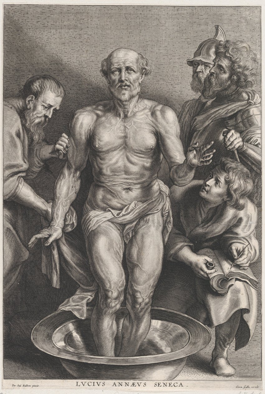موت سينيكا ، يقف في المنتصف وقدميه في حوض من الماء ، يسانده ... ، كاليفورنيا. 1655-1678. بواسطة الكسندر فويت