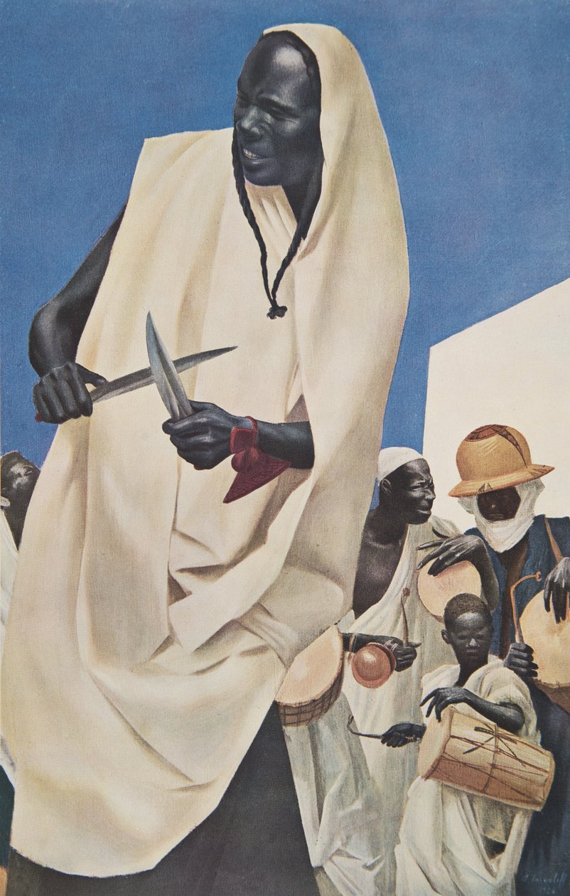 La Danse du Kuli-Kuta (Niamey) محاكاة ساخرة للتضحيات البشرية القديمة لداهومي) ، من الرسومات واللوحات الإفريقية ، التي تم تنفيذها خلال رحلة سيتروين سنتر أفريقيا ، بعثة Haardt الثانية بواسطة ألكسندر ياكوفليف
