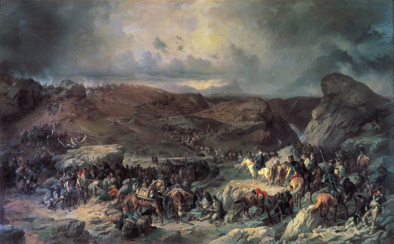 جيش الإسكندر سوفوروف يعبر ممر سانت جوتهارد ، سبتمبر 1799 القرن التاسع عشر. بواسطة ألكسندر فون كوتزيبو