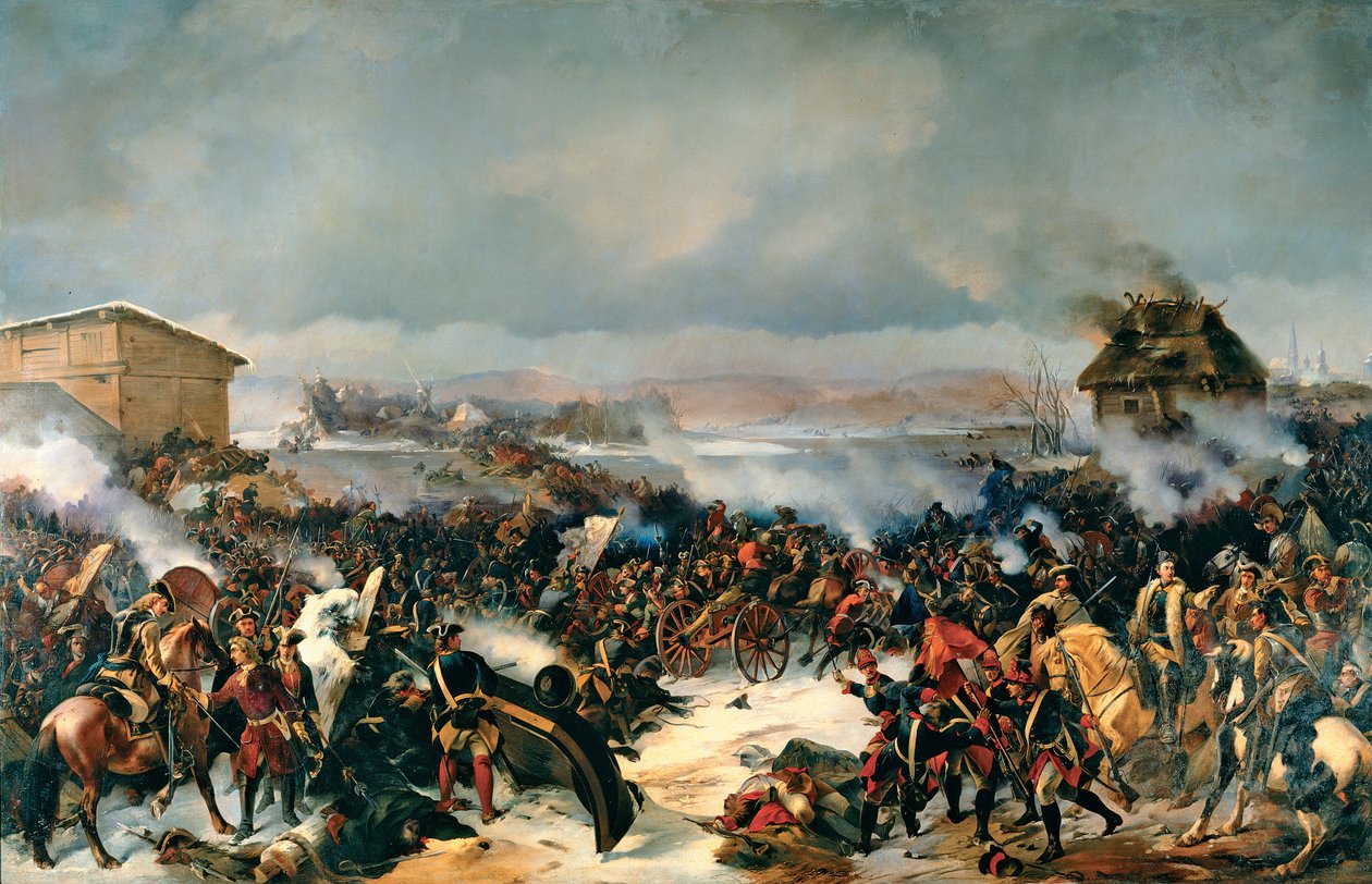 معركة نارفا ، 19 نوفمبر 1700. حلقة من حرب الشمال الكبرى (1700-1721) بين السويد وجميع دول البلطيق والدنمارك وبولندا وروسيا. لوحة للكسندر (الكسندر) فون كوتزيبو (1815-1889) ، زيت على قماش بواسطة ألكسندر فون كوتزيبو