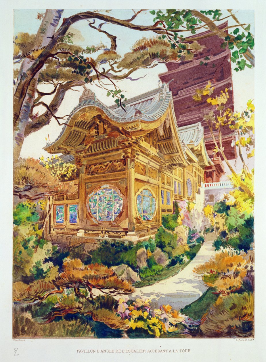 البرج الياباني والمعبد الصيني في الحديقة الملكية في Laeken ، بلجيكا ، من "Orientalisme et Architecture Contemporaine" ، منقوش بواسطة Jules Adolphe Chauvet (م 1828) (انظر أيضًا 171915 ، 1 بواسطة الكسندر أوغست لويس مارسيل