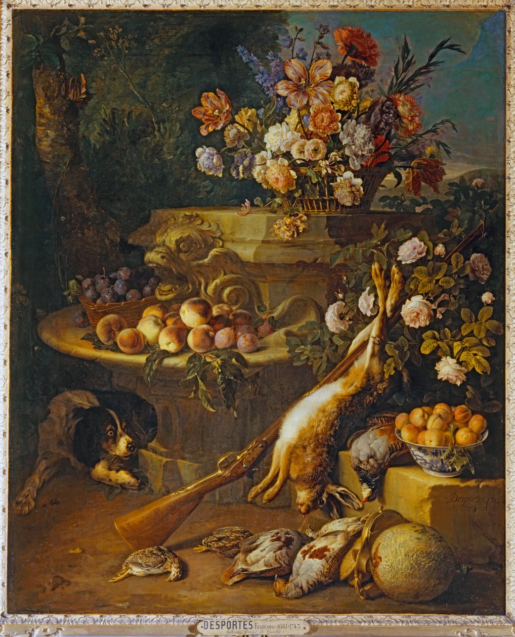 Gibier mort, fruit, fleurs et un chien - لعبة ميتة وفواكه وأزهار وكلب ... بواسطة الكسندر فرانسوا ديسبورتس