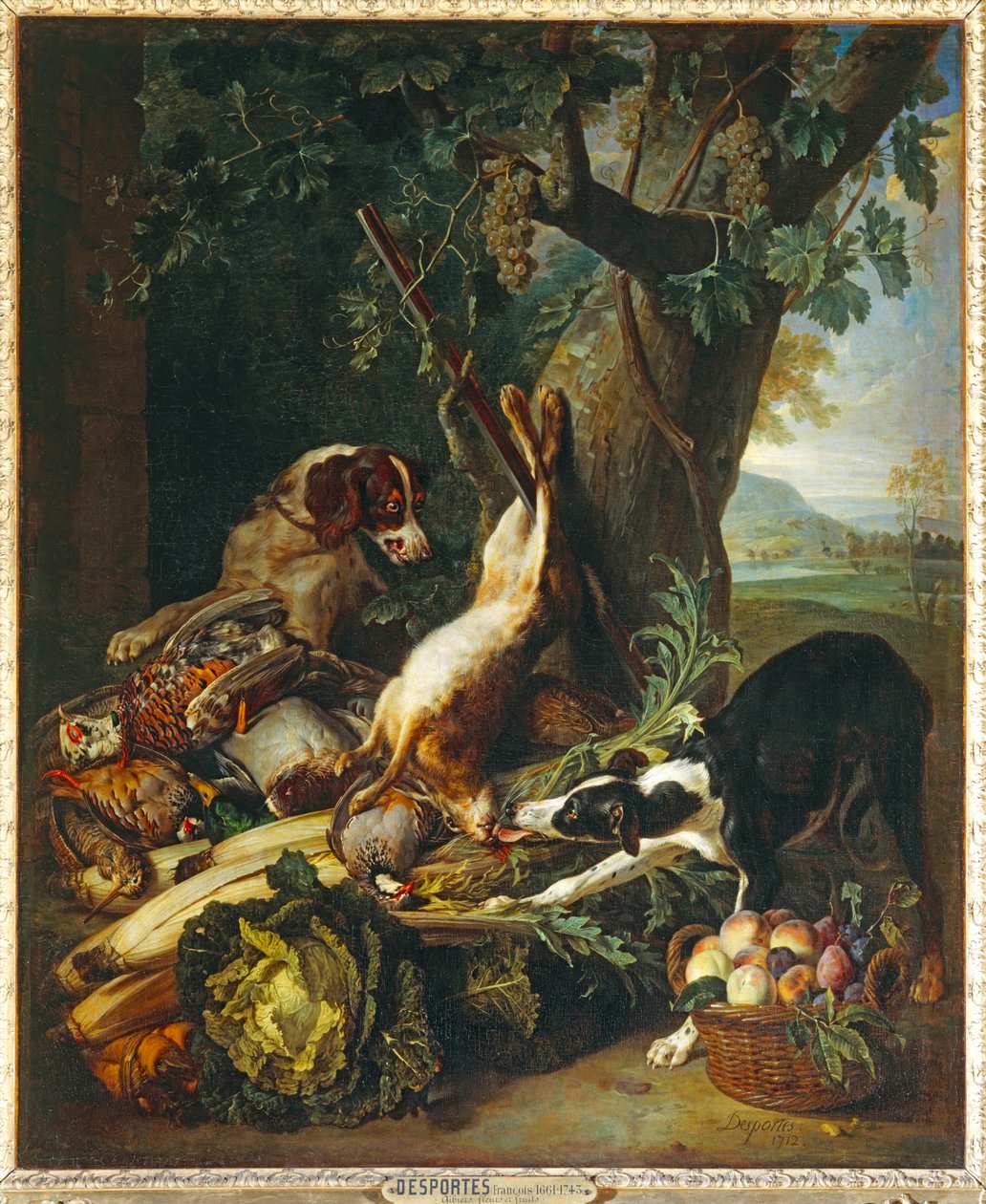 Gibier mort, volumes, fruit et deux chiens - طرائد ميتة وخضروات وفواكه وكلبان ... بواسطة الكسندر فرانسوا ديسبورتس
