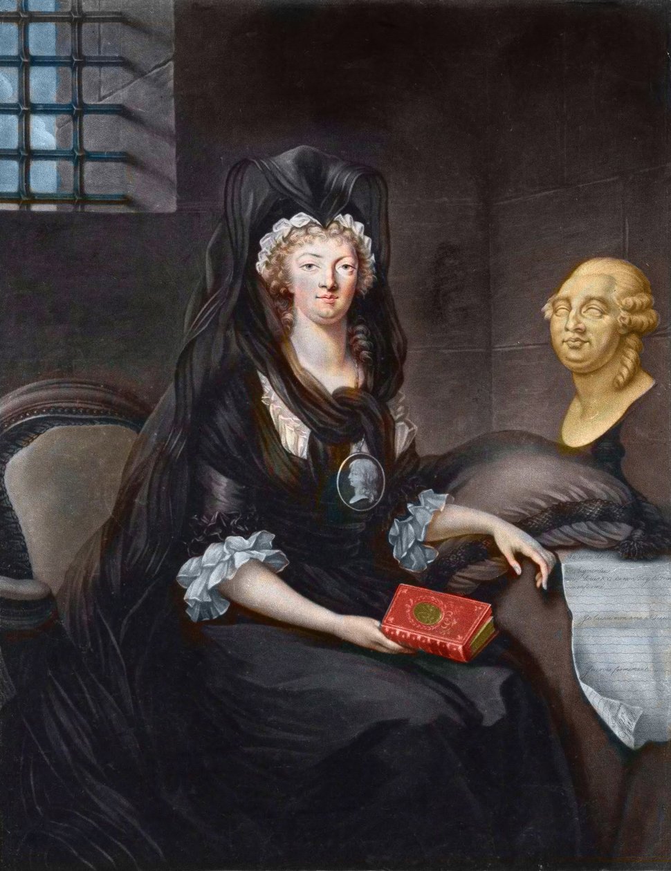 صورة لماري أنطوانيت (1755-1793) في حداد عميق في سجن المعبد (أو "ماري أنطوانيت في الكونسيرج ، في حداد ، مع حجاب ، قلادة تصور الدوفين ، وهي تحمل حياة ماري ، ملكة اسكتلندا ، تمثال نصفي للويس السادس عشر وتي بواسطة الكسندر (بعد) كوتشارسكي