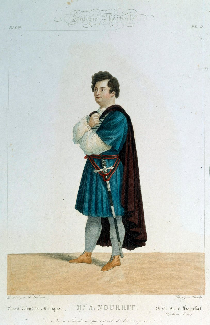 التينور الفرنسي Adolphe Nourrit (1802-1839) في دور Melechtal في أوبرا "Guillaume Tell" (William Tell) لـ Gioacchino Rossini (1792-1868). رسم ألكسندر لاكوشي (القرن التاسع عشر) في باريس. مكتبة متحف الأوبرا بواسطة الكسندر (بعد) لاكوشي