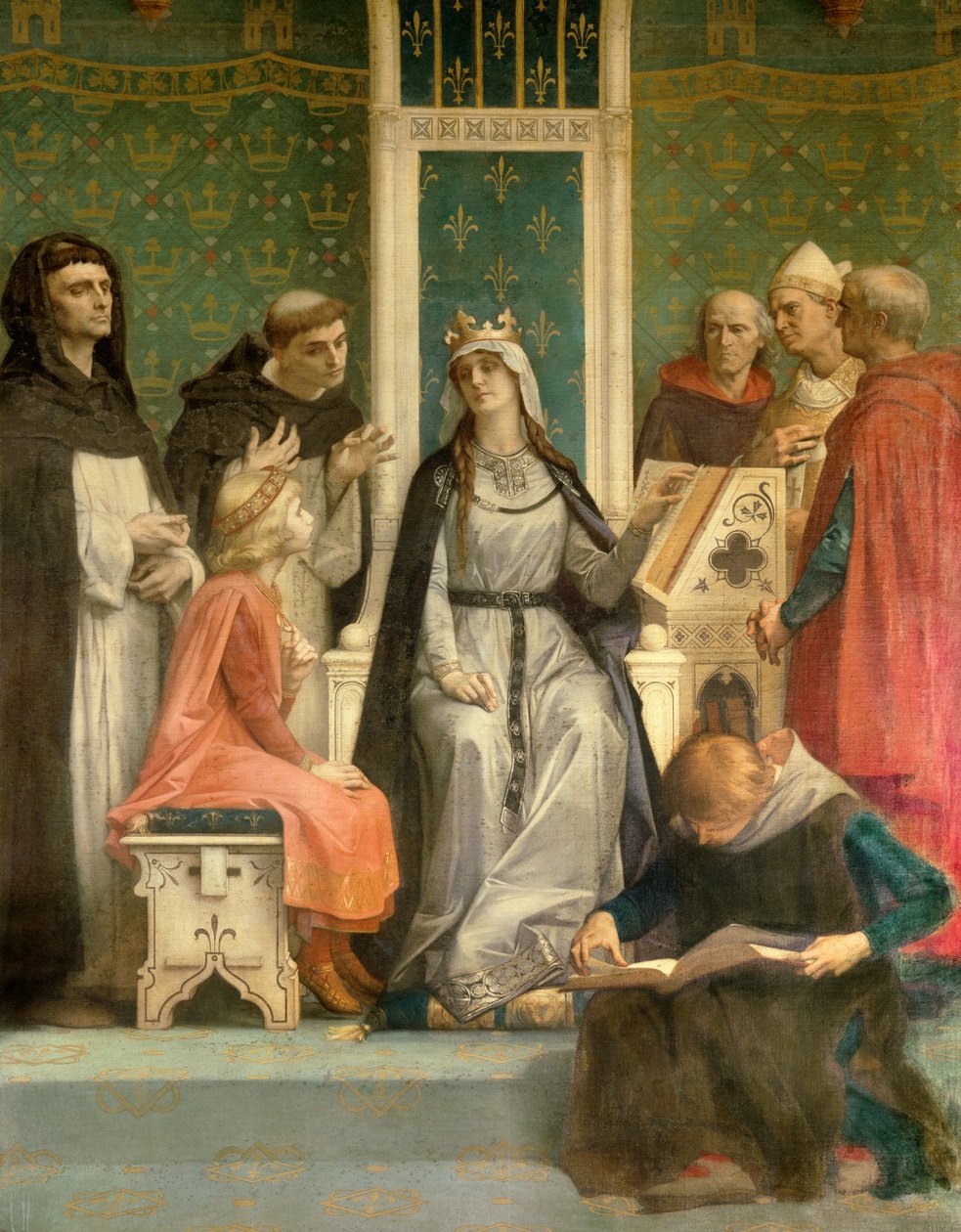 تلقي ملكة قشتالة البيضاء محاضرة للملك المستقبلي لويس التاسع (سانت لويس) (1214-1270) رسم الطفل ألكسندر كابانيل (1823-1889) باريس ، بانثيون في القرن التاسع عشر بواسطة ألكسندر كابانيل