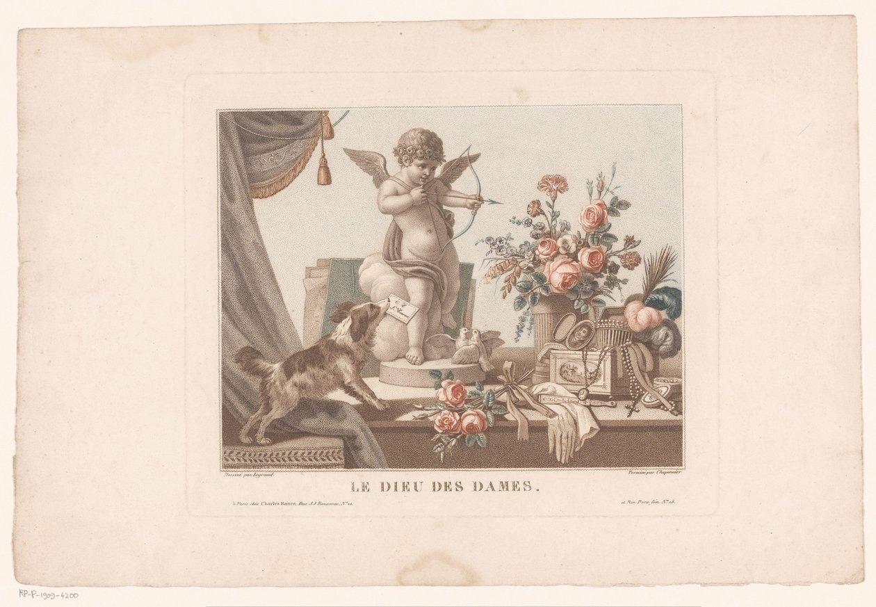 لا تزال الحياة على طاولة مع كلب وتمثال Cupido Le Dieu des Dames. (العنوان على العنصر) بواسطة الكسندر شابونييه
