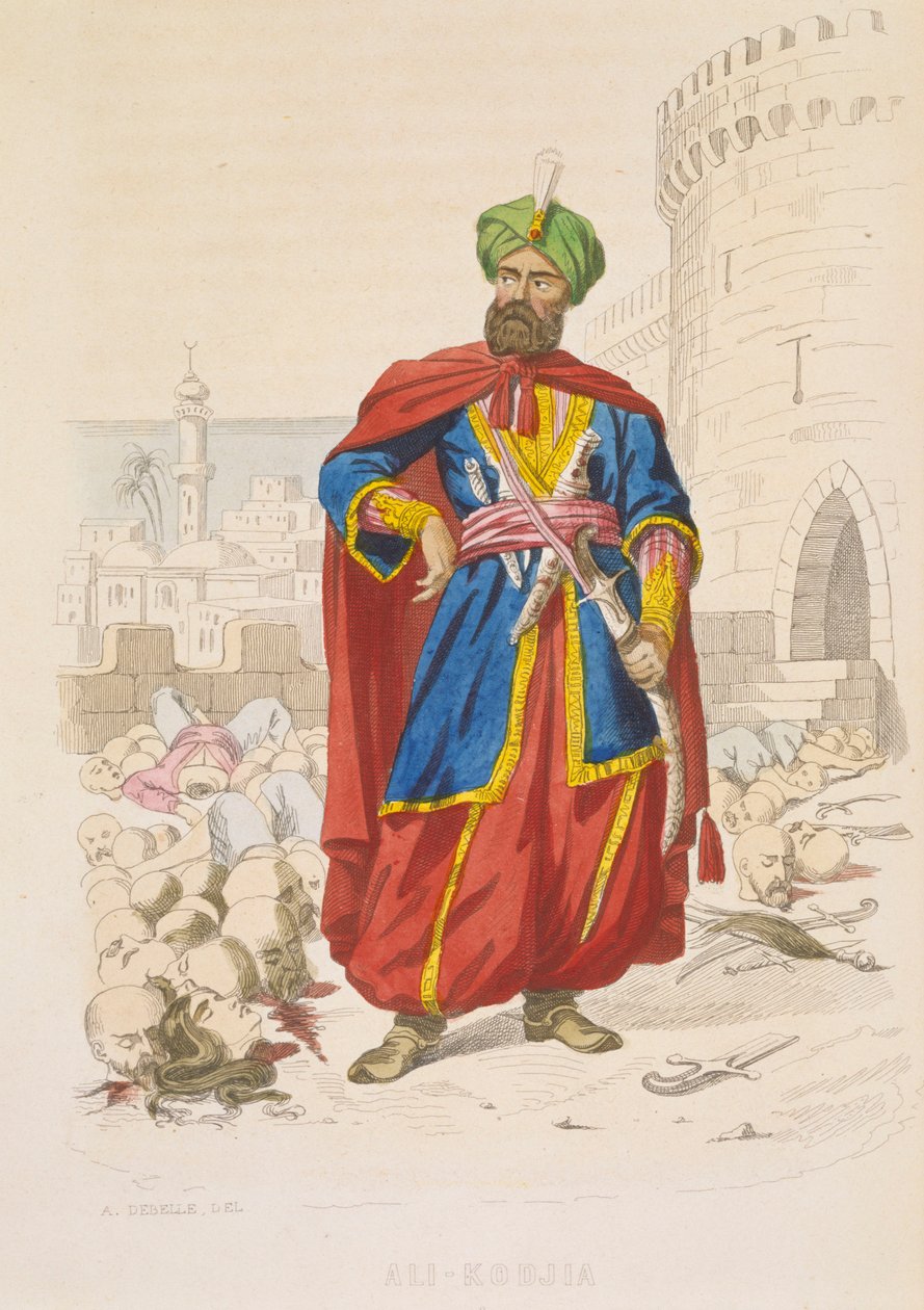 علي خوجة، حاكم الجزائر العاصمة 1816-1818، متألقا بعمامة خضراء ومتقلدا سيفا فاخرا، محاطا برؤوس مقطوعة لأعداء مهزومين بعد قصف عام 1816، منتصف القرن التاسع عشر (نقش ملون) بواسطة الكسندر ديبيل
