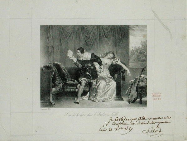 مشهد الرسالة من الأوبرا حلاق إشبيلية بواسطة روسيني منقوش من قبل Villain de Sevres بواسطة الكسندر إيفاريست فراغونارد