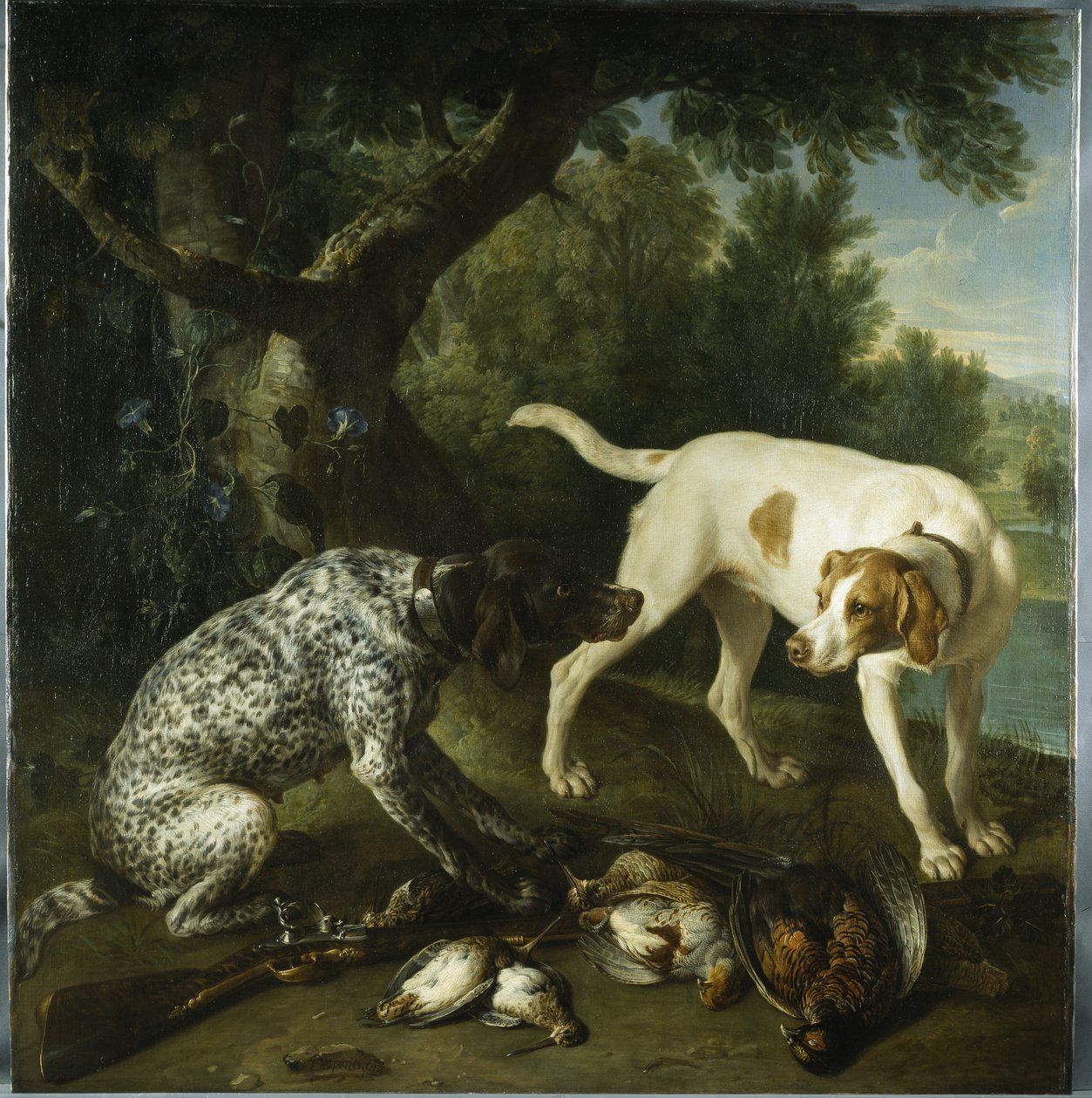 Two pointers belonging to the 3rd Earl of Burlington with dead game in a landscape بواسطة الكسندر فرانسوا ديسبورتس