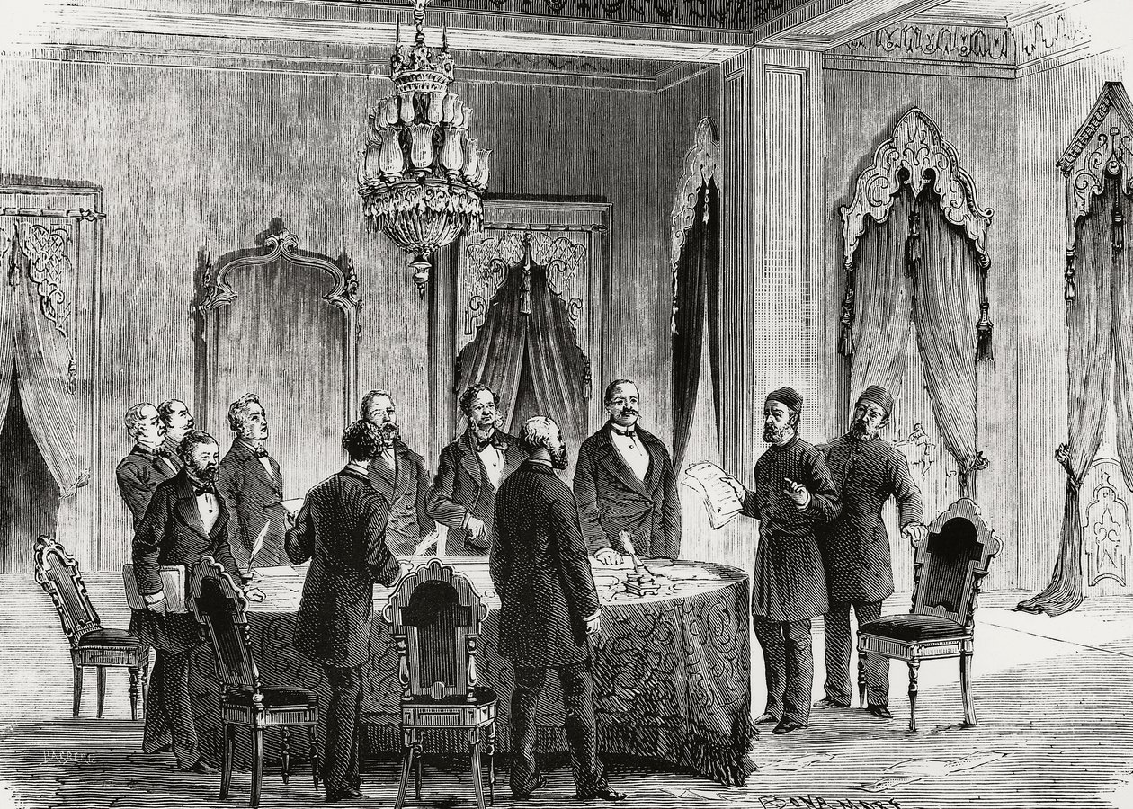 Constantinople conference, December 1876, engraving, Turkey بواسطة الكسندر جبرائيل (بعد) ديكامبس