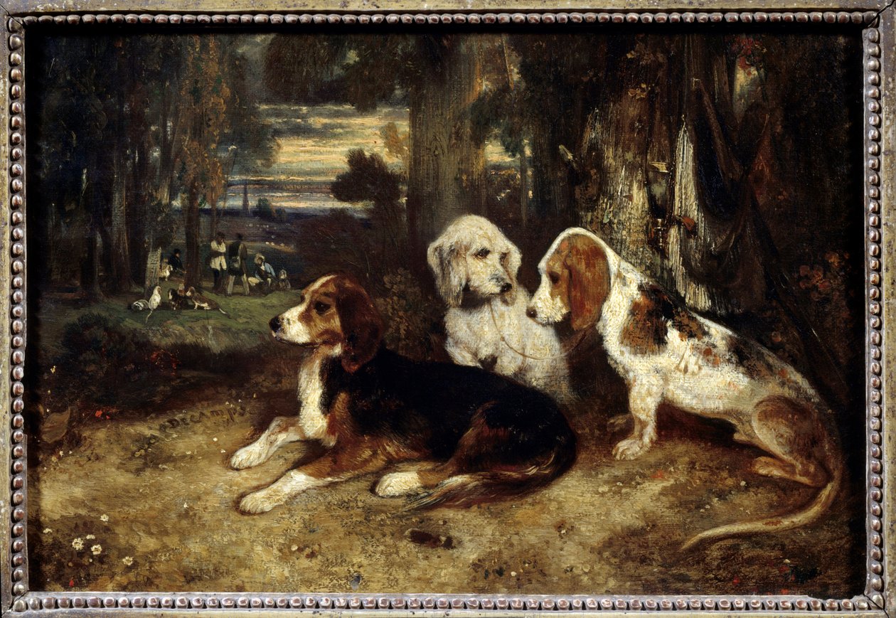 كلاب الصيد عند الراحة لوحة رسمها الكسندر غابرييل ديكامبس (1803-1860) 1839 صن. 0،26x0،37 م باريس ، متحف اللوفر. بواسطة الكسندر جابرييل ديكامبس