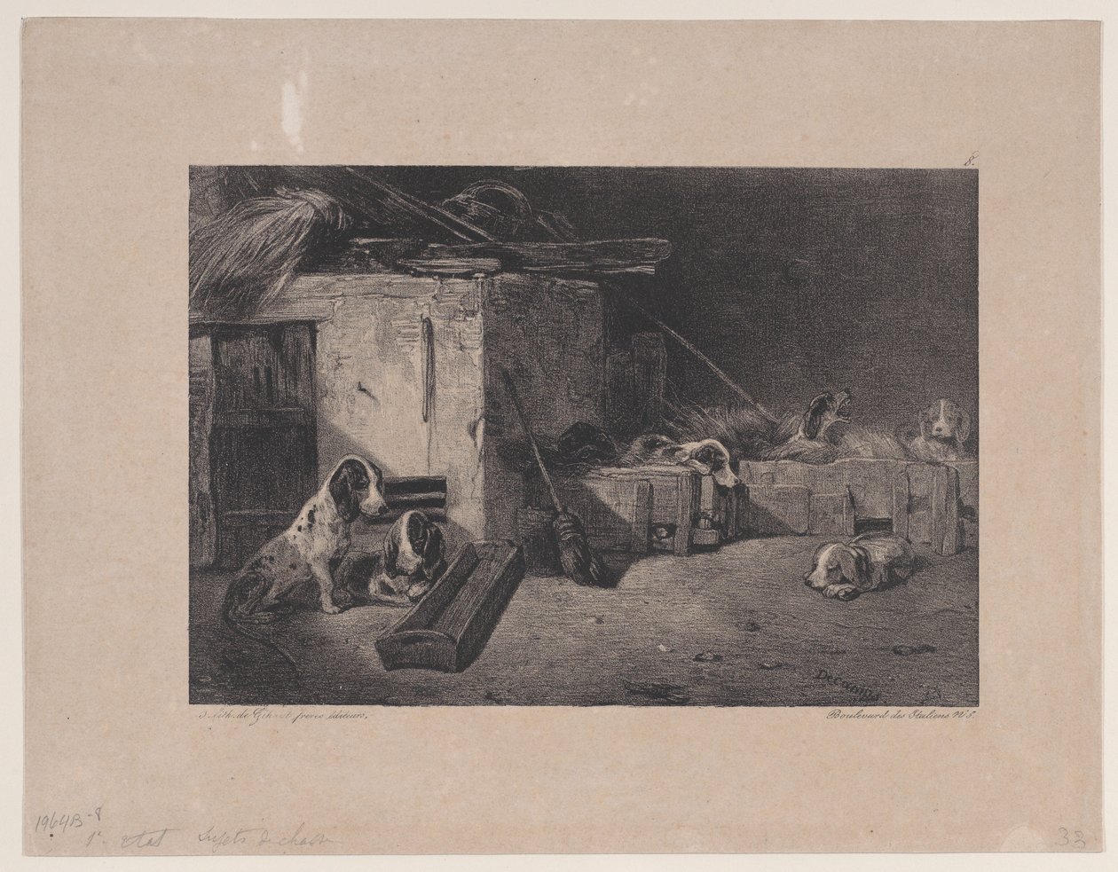 داخل بيت الكلب ، من سلسلة مشاهد الصيد ، 1829. بواسطة الكسندر جابرييل ديكامبس