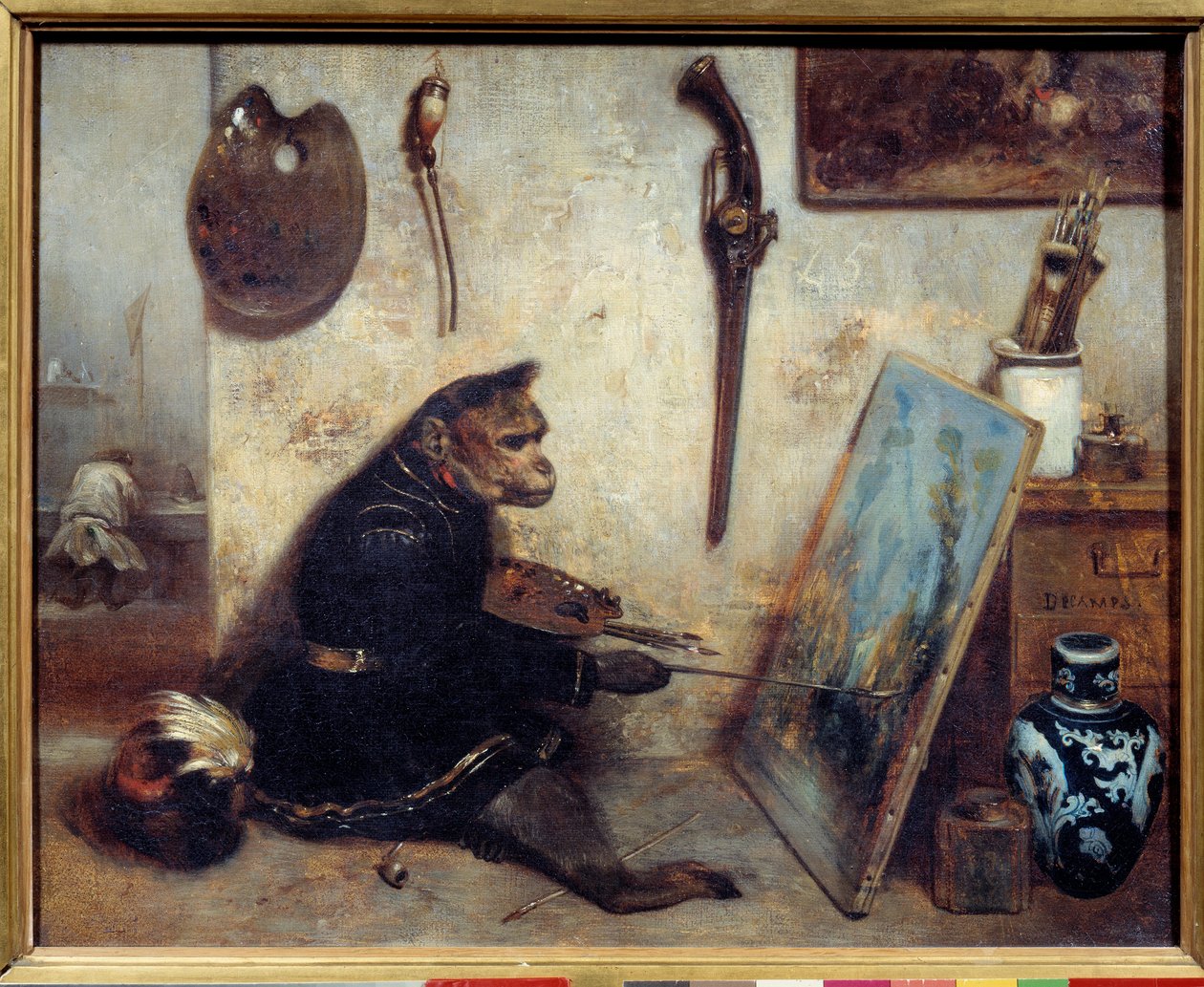 لوحة رسام القرد بواسطة الكسندر غابرييل ديكامبس (1803-1860) 1833 صن. 0،32 × 0،4 م. - الرسام القرد. لوحة الكسندر غابرييل ديكامبس (1803-1860) بواسطة الكسندر جابرييل ديكامبس