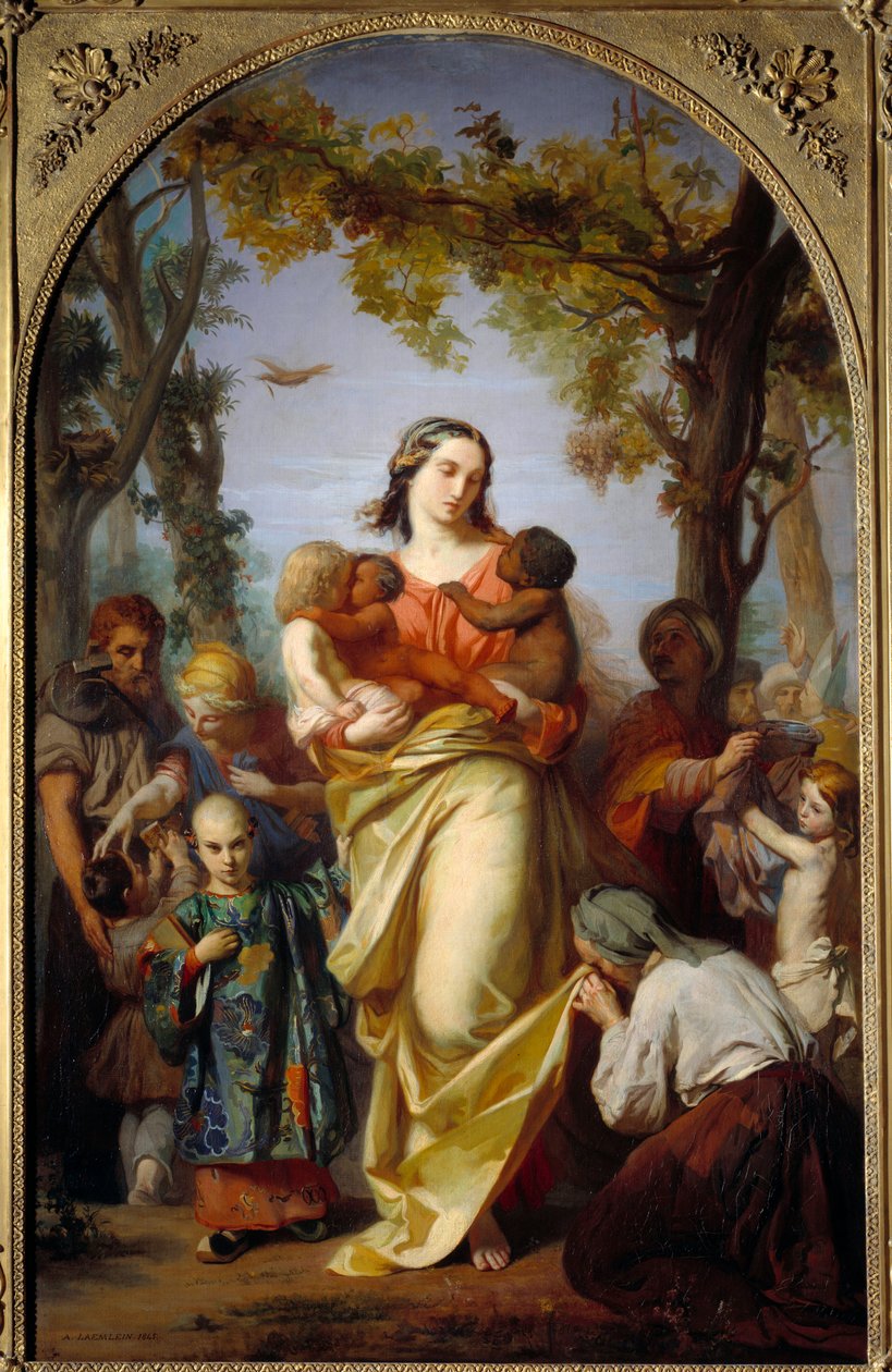 الخيرية العالمية. تجسيد الصدقة يحمل بين ذراعيه شعوب العالم المختلفة. لوحة الكسندر ليملين (1813-1871) بواسطة ألكسندر ليملين