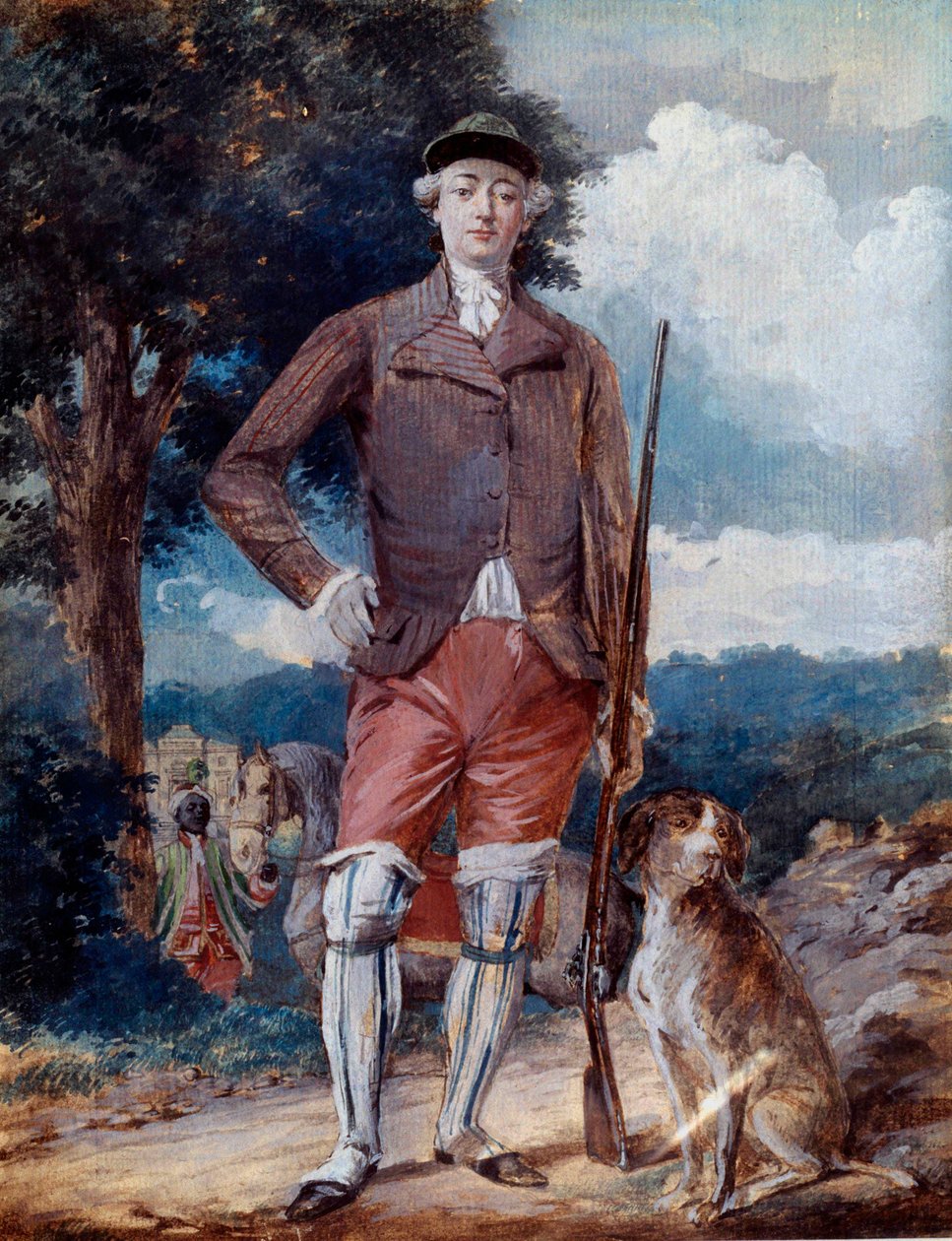 صورة في سفح شارل فيليب من فرنسا (1757-1836) ، كونت أرتوا ، تشارلز العاشر المستقبلي ، في بدلة الصياد ، ألوان مائية بواسطة ألكسندر مويت (1750-1828) القرن الثامن عشر أميان ، متحف بيكاردي بواسطة الكسندر مويت