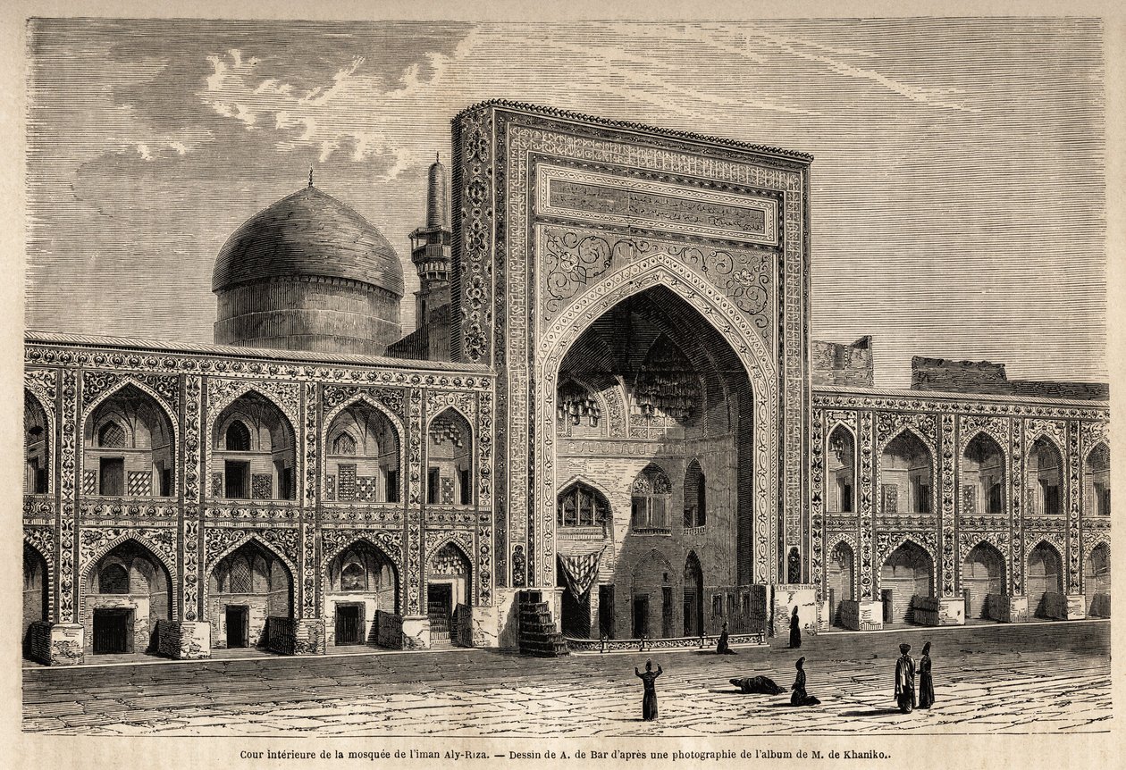 الفناء الداخلي لمسجد الإمام علي رضا مشهد ، رسمه أ. دي بار ، لتوضيح الرحلة إلى خراسان (خراسان ، خراسان أو خراسان) عام 1858 ، بواسطة ن. دي خانيكوف. نقش في "" Le Tour du monde "" 1861. مجموعة سيلفا. بواسطة الكسندر دي (بعد) بار