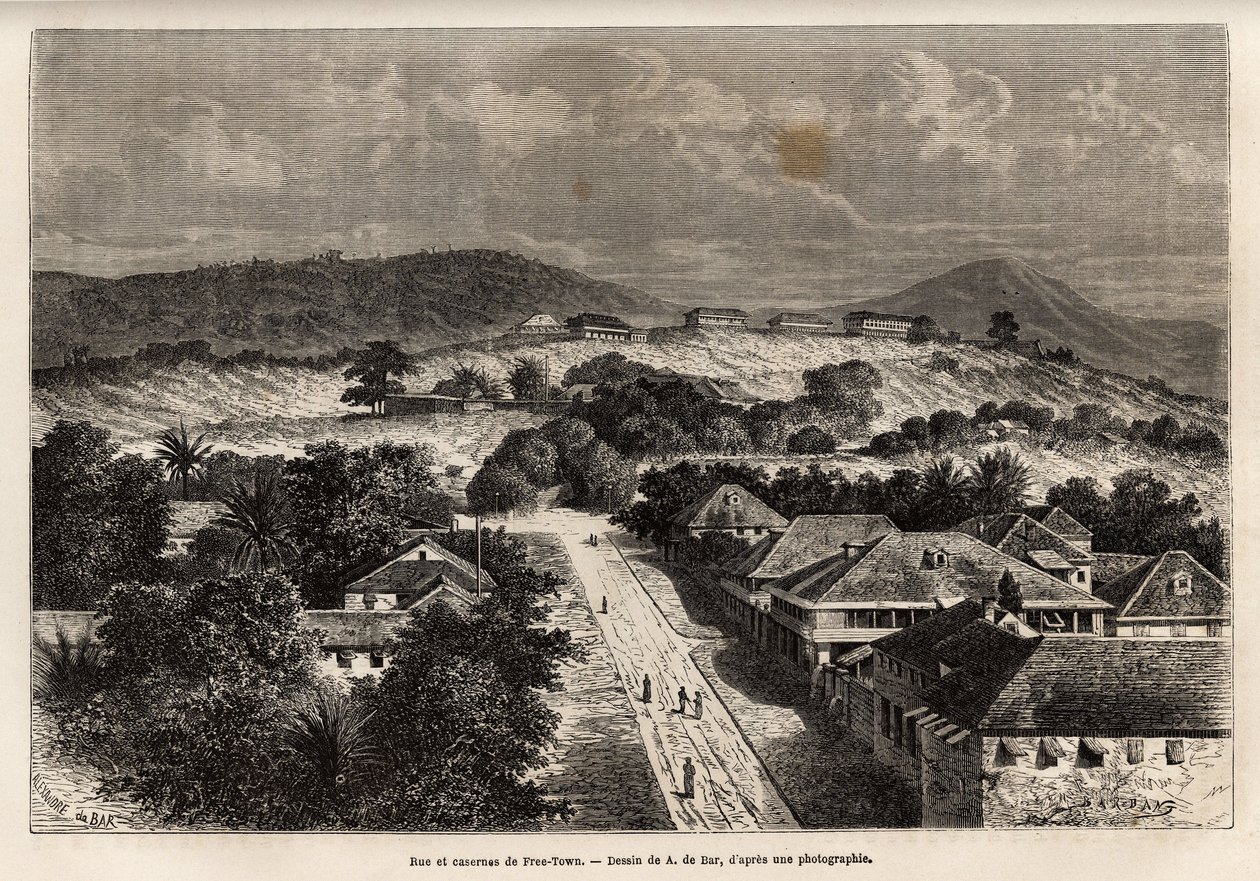 Rue et Barracks de Freetown ، سيراليون ، نقش بعد رسم A. de Bar ، يوضح الرحلة إلى كوت ديفوار ، في عام 1868 ، بواسطة نائب الأدميرال فلوريو دي لانجليس ، نُشر في "Le Tour du monde" 1873 ، تم تحريره بواسطة Edouard Charton ، تحرير Hachette بواسطة الكسندر دي (بعد) بار
