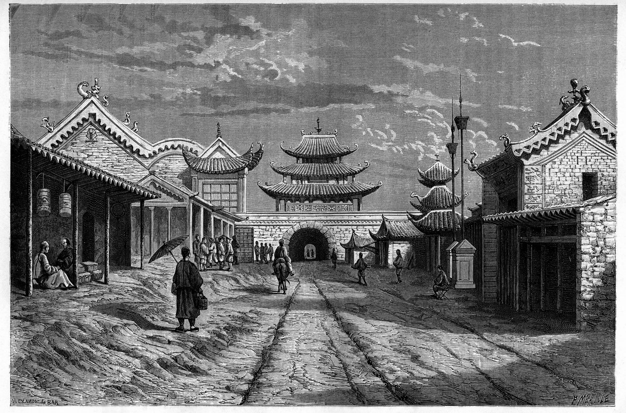 منظر من شارع في “Youn Tchen Sian” ، الصين. نقش بعد رسم لـ A. de Bar ، في "Le Tour du Monde ، Nouveau journal des Voyages" ، تحرير إدوارد شارتون ، باريس بواسطة الكسندر دي (بعد) بار