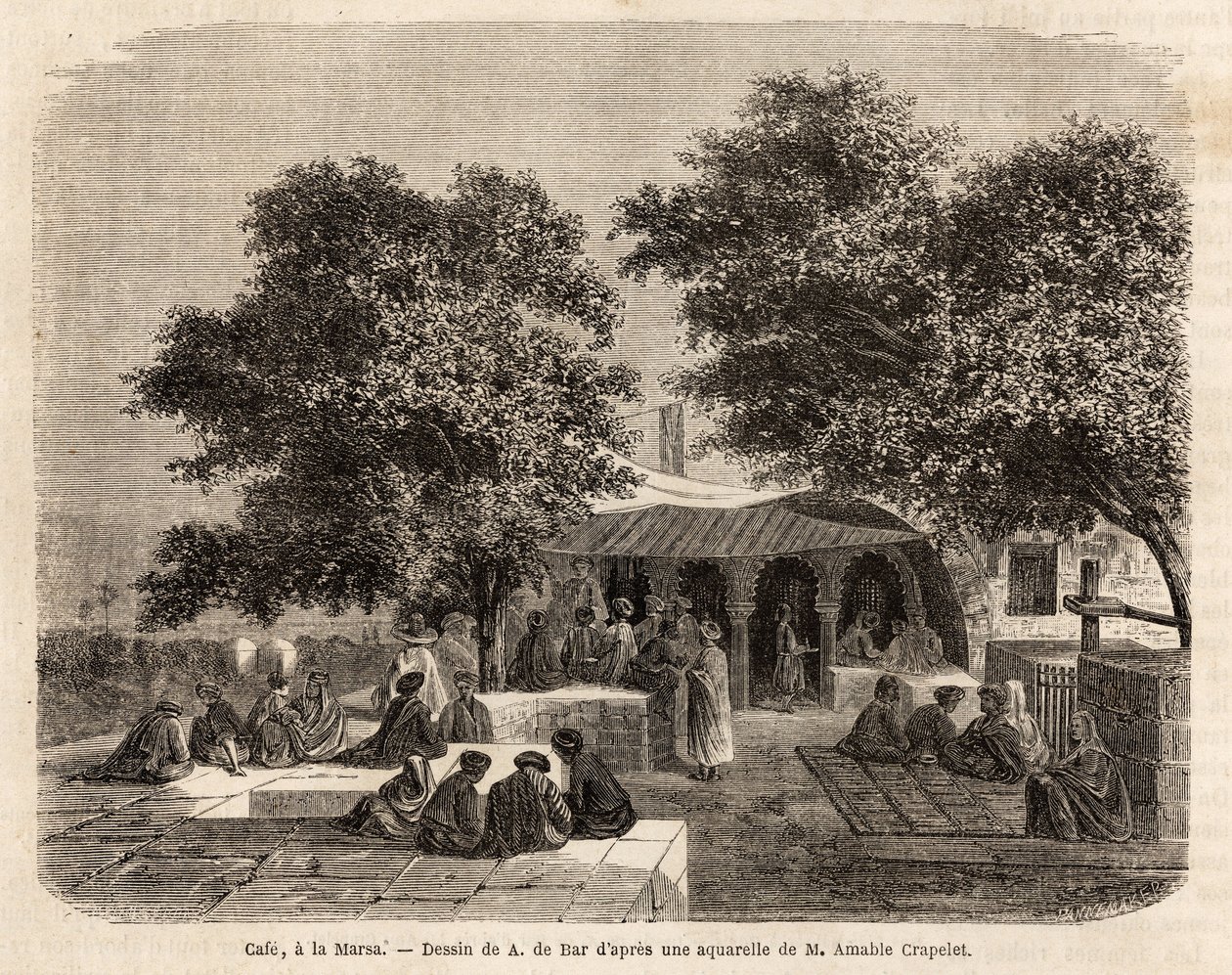 منظر لمقهى في المرسى (تونس) ، رسمه أدي بار ، لتوضيح رحلة إلى تونس ، في عام 1859 ، بواسطة Amable Crapelet. نقش في "" Le Tour du monde "، تحرير إدوارد شارتون بواسطة الكسندر دي (بعد) بار