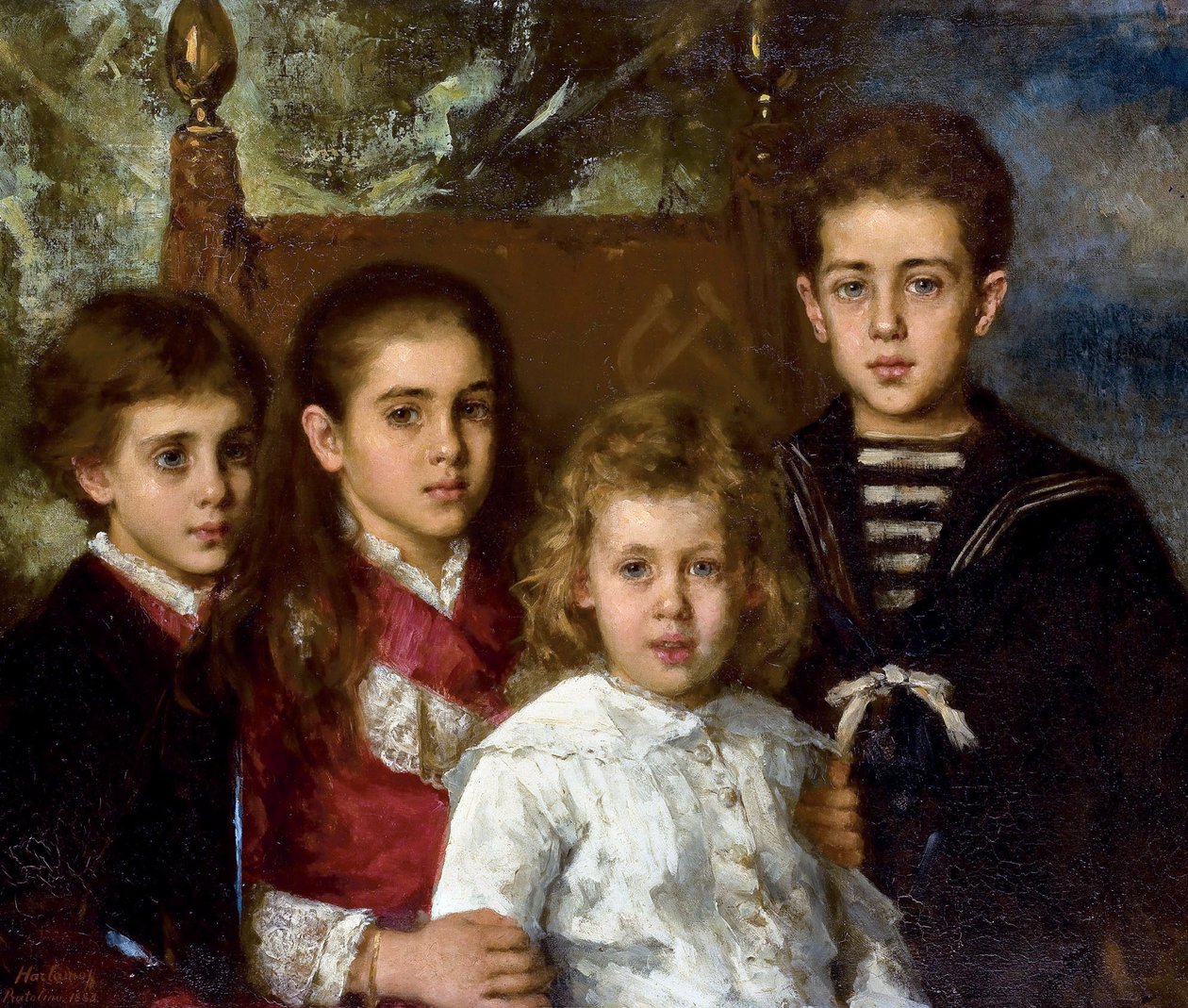 صورة لأطفال بول بافلوفيتش ديميدوف ، الأمير الثاني لسان دوناتو (1839-1885) ، أورور أناتول ، ماريا وبافل - بينتور دي أليكسي أليكسييفيتش هارلاموف (1840-1922) - 1883 - زيت على قماش - 76.5 × 90 - مجموعة خاصة بواسطة أليكسي أليكسيفيتش هارلاموف