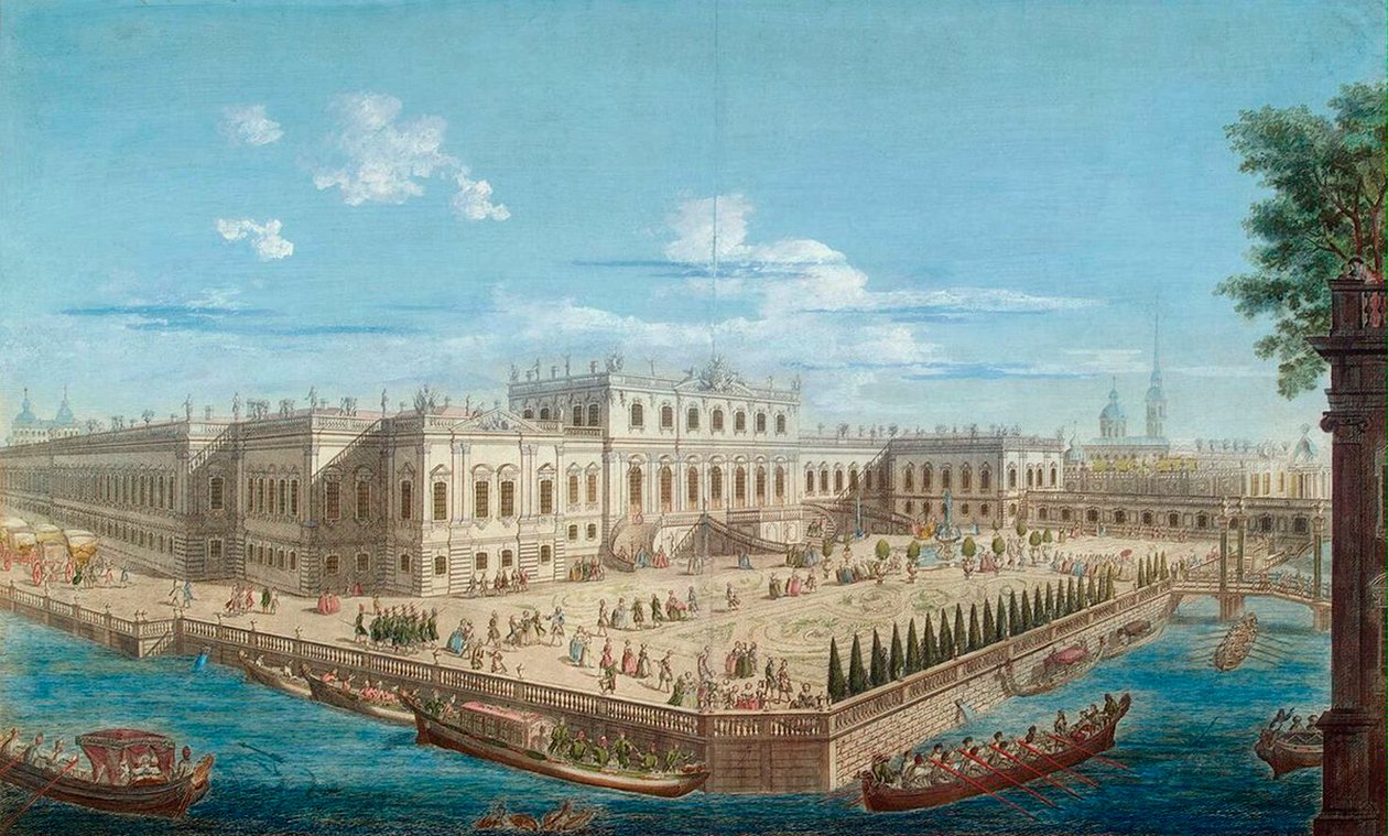 منظر للقصر الصيفي للإمبراطورة إليزابيث عند نهر فونتانكا في سانت بطرسبرغ ، 1753. بواسطة اليكسي انجيليفيتش جريكوف