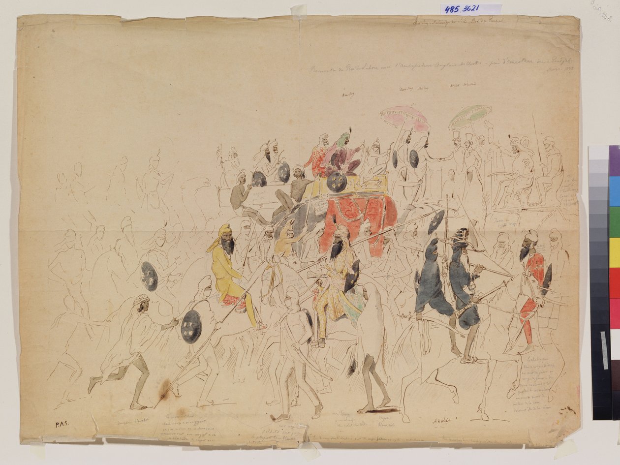 لقاء مهراجا شير سينغ (1807-1843) من البنجاب (الهند) والسفير البريطاني كلارك (؟) في عام 1842. عمل أليكسي دميترييفيتش سالتيكوف (1806-1859) بالقلم الرصاص والألوان المائية والحبر على الورق بواسطة أليكسي دميترييفيتش سالتيكوف