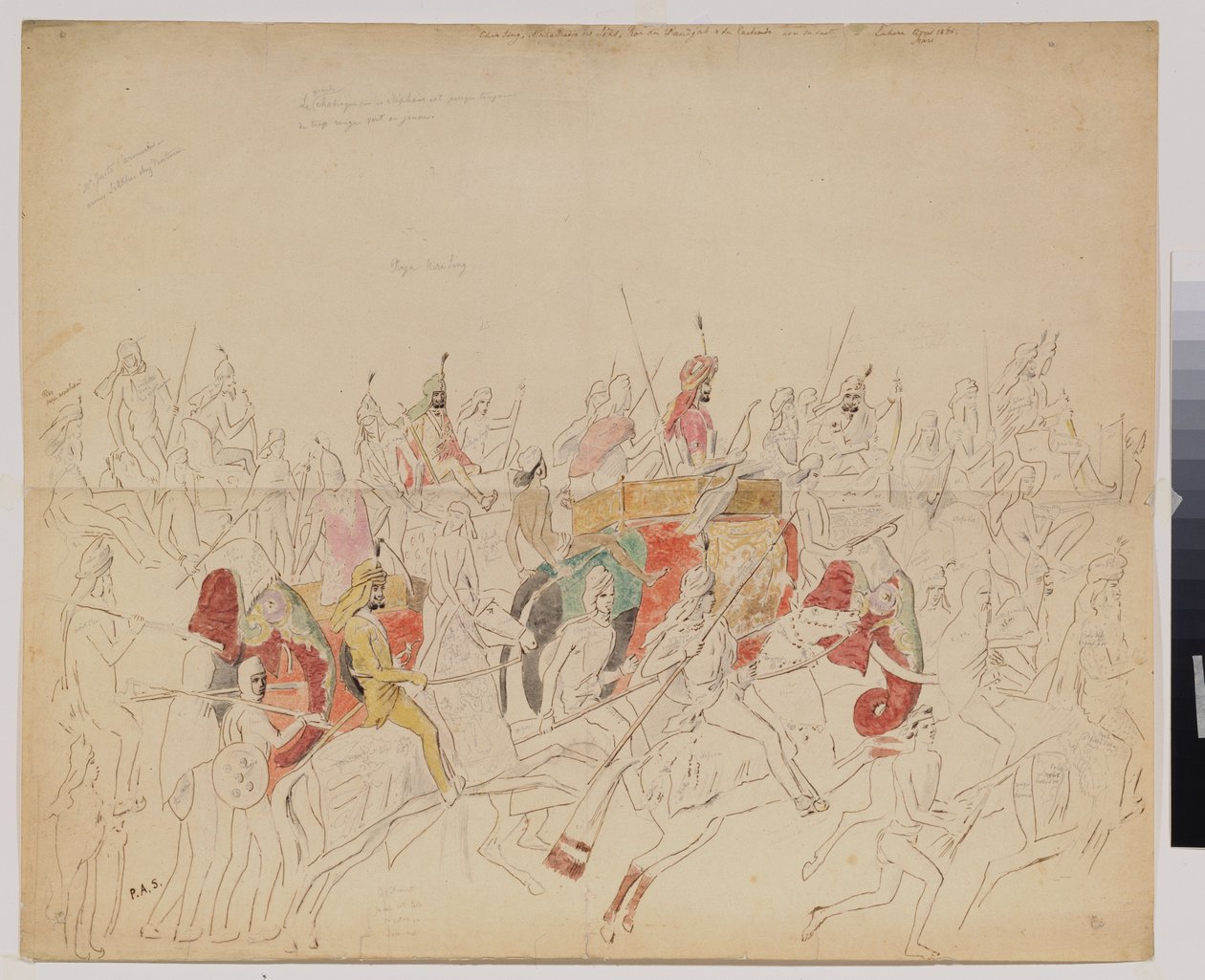 مهراجا شير سينغ (1807-1843) من البنجاب (الهند) ومحكمته. عمل أليكسي ديميترييفيتش سالتيكوف (1806-1859) ، بقلم رصاص بالألوان المائية وحبر على ورق بواسطة أليكسي دميترييفيتش سالتيكوف