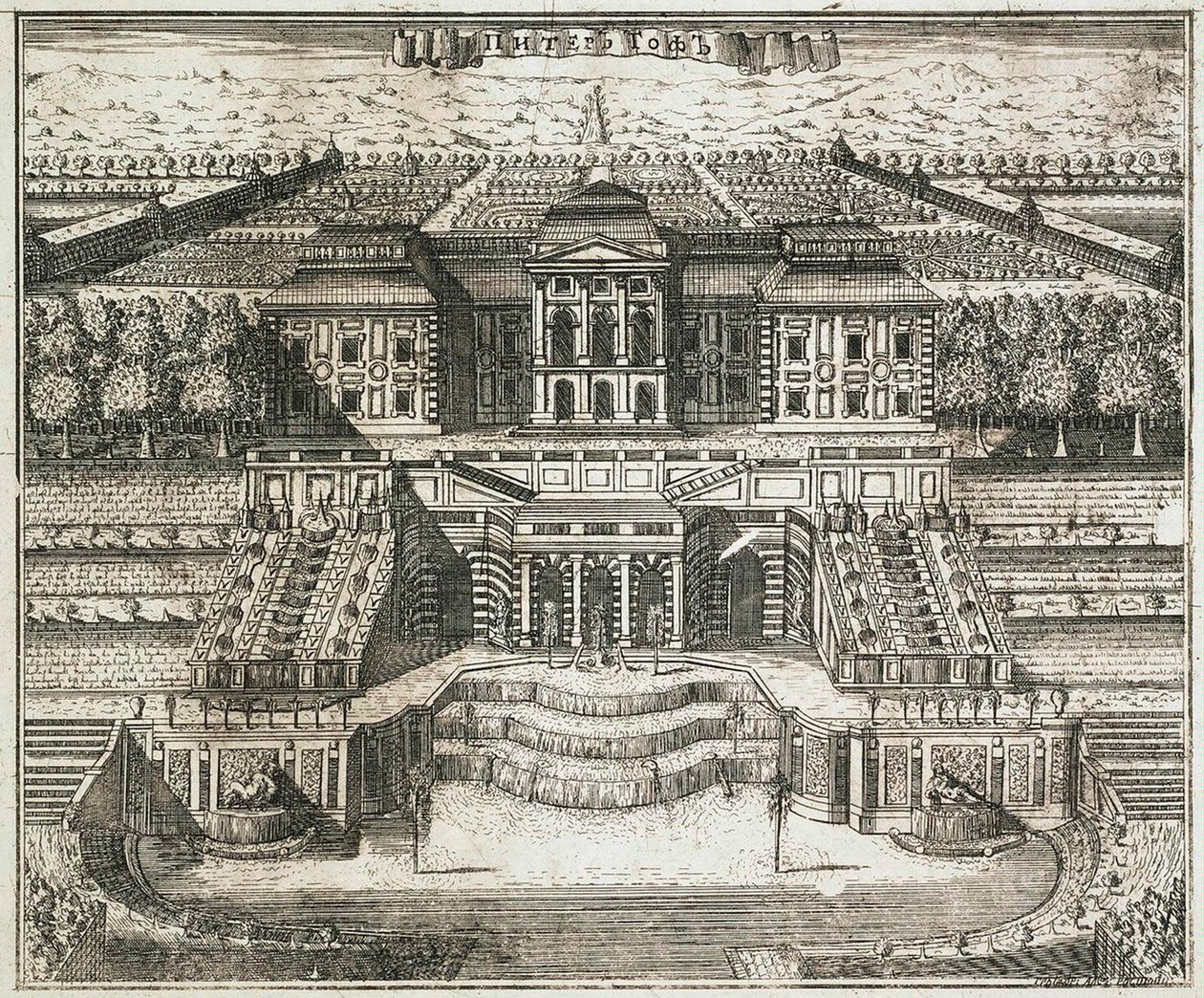 منظر للقصر الكبير في بيترهوف ، 1717. بواسطة أليكسي إيفانوفيتش روستوفتسيف