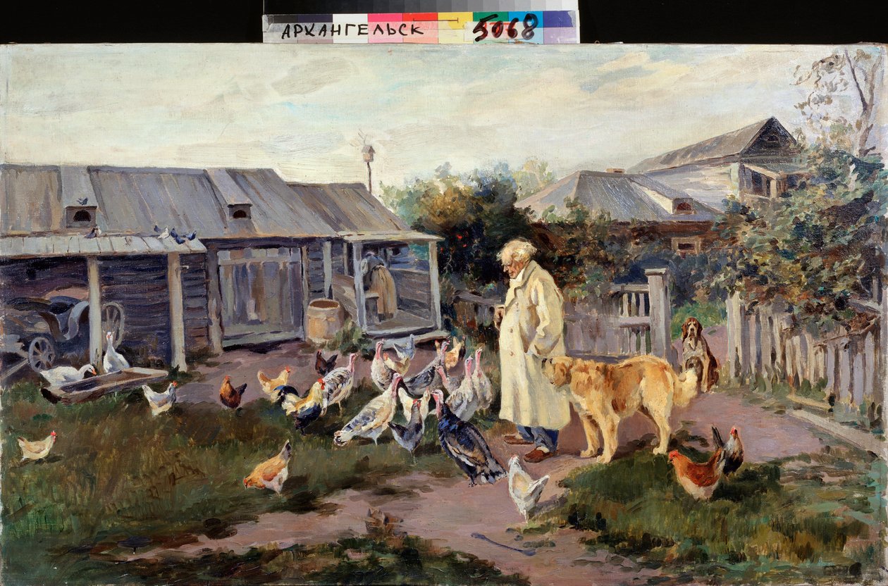 تحية الصباح - حيوانات المزرعة تحيط بمزارع - رسم أليكسي ستيبانوفيتش ستيبانوف (1858-1923) ، زيت على قماش ، أواخر عام 1890 ، فن روسي بواسطة أليكسي ستيبانوفيتش ستيبانوف