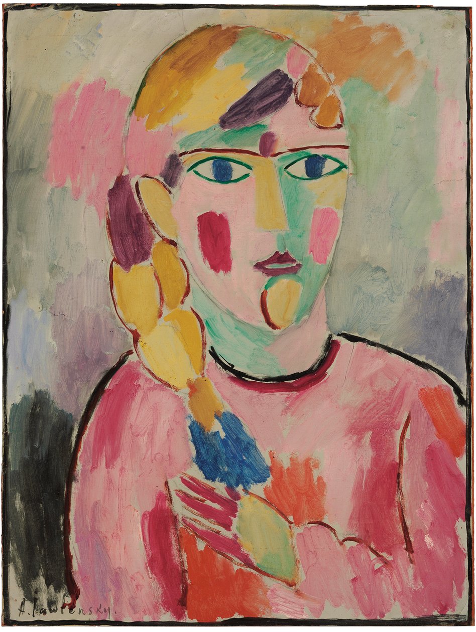 فتاة ذات عيون زرقاء و ذيل حصان ؛ فتاة ذات عيون زرقاء وجديلة ، حوالي 1916 بواسطة Alexej von Jawlensky